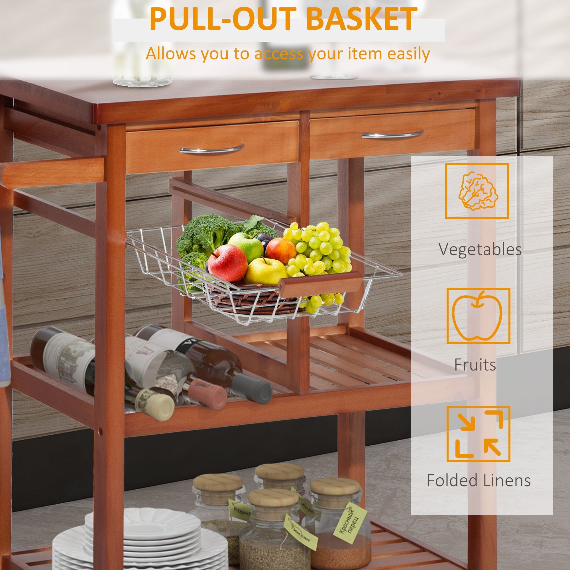 Wooden Kitchen Trolley Cart Basket Drawer Dining Storage w/Roller Holder Wood Kitchen Islands & Kitchen Carts   at Gallery Canada