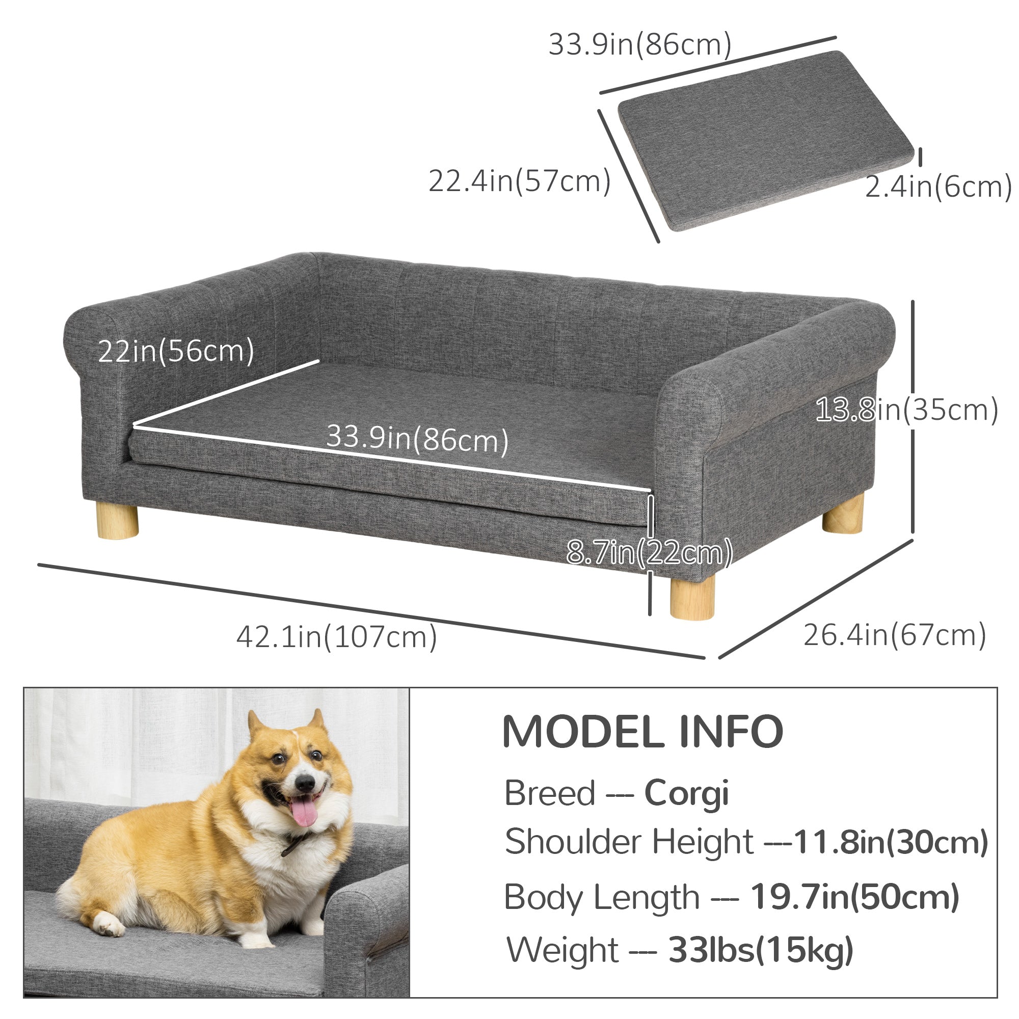 Modern Pet Sofa Cat or Medium Large Dog Bed W/ Removable Seat Cushion, Dark Grey Dog Sofas at Gallery Canada
