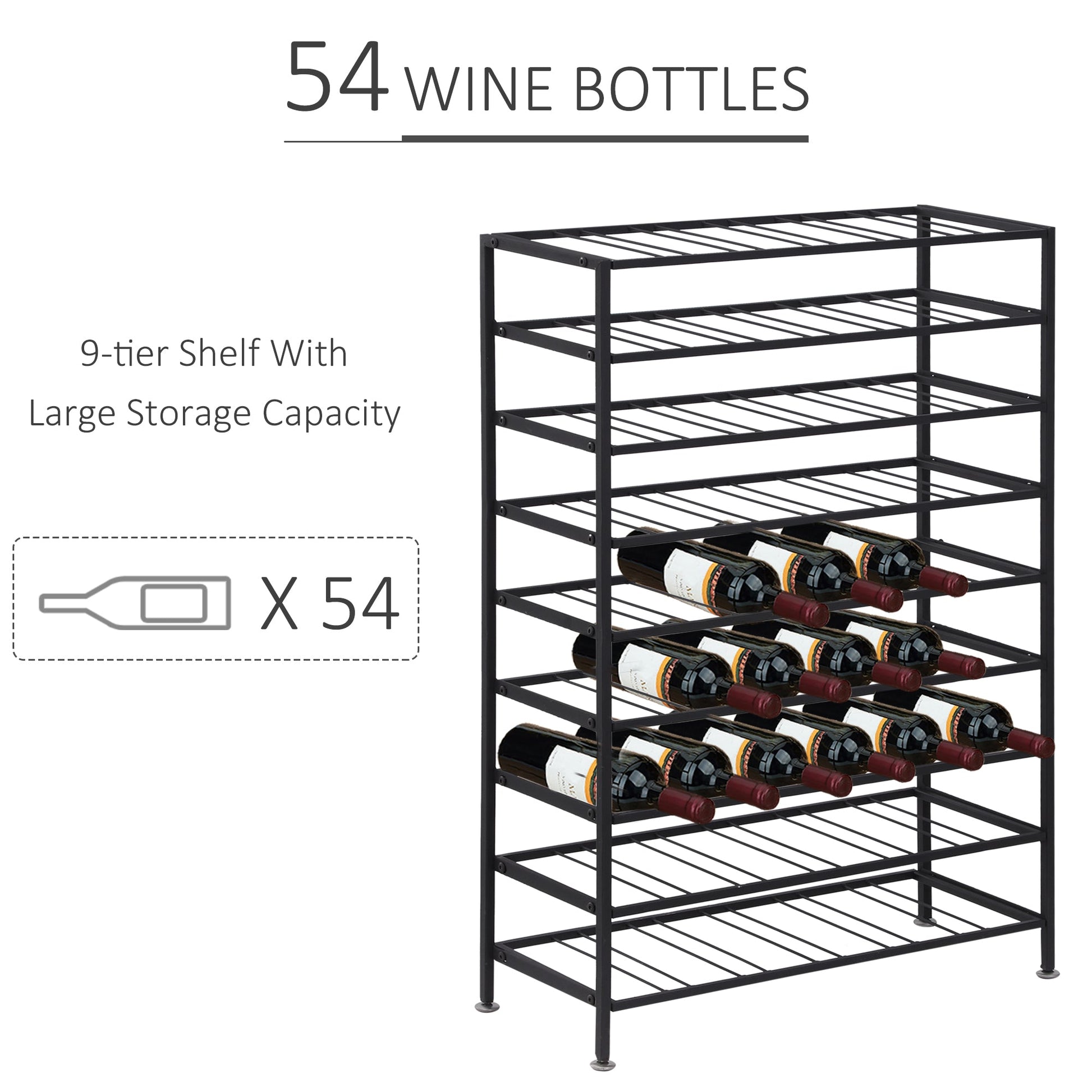 9-Tier Metal Wine Bottle Rack 54 Bottles Freestanding Wine Storage Holder Home Bar Wine Display Stand Cellar Bottle Organizer Black Wine Racks   at Gallery Canada