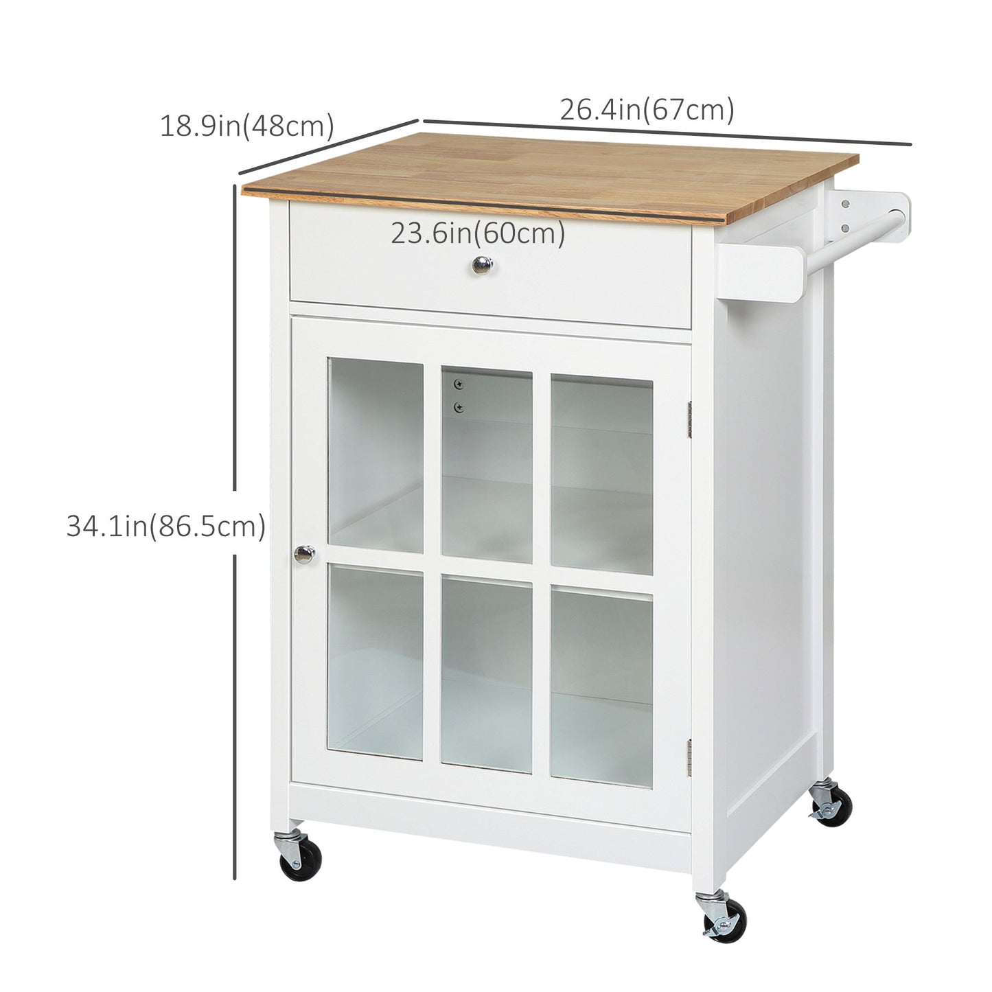 Rolling Kitchen Cart with Drawer and Glass Door Cabinet, Kitchen Island on Wheels with Towel Rack, White Kitchen Islands & Kitchen Carts   at Gallery Canada