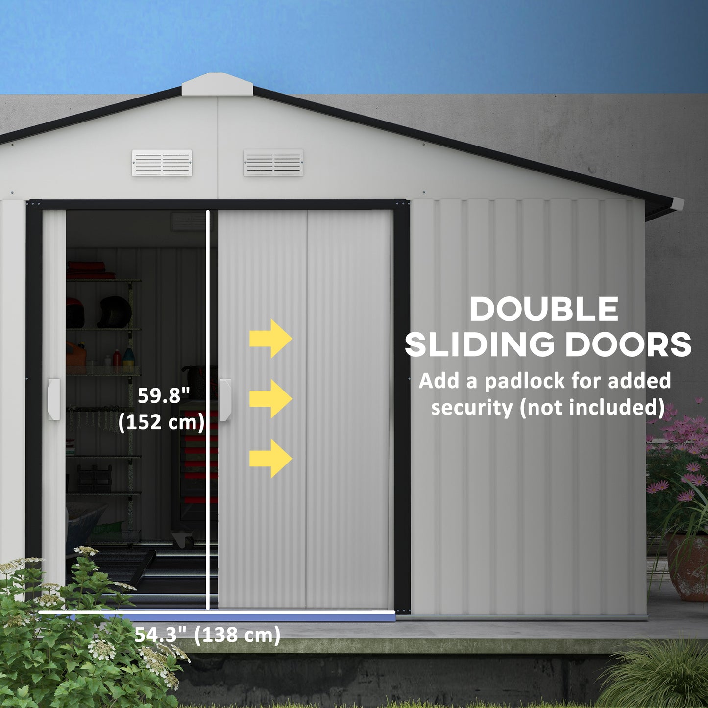 11' x 13' Garden Storage Shed w/ Foundation Kit Metal Tool Storage House w/ Double Doors White Sheds at Gallery Canada