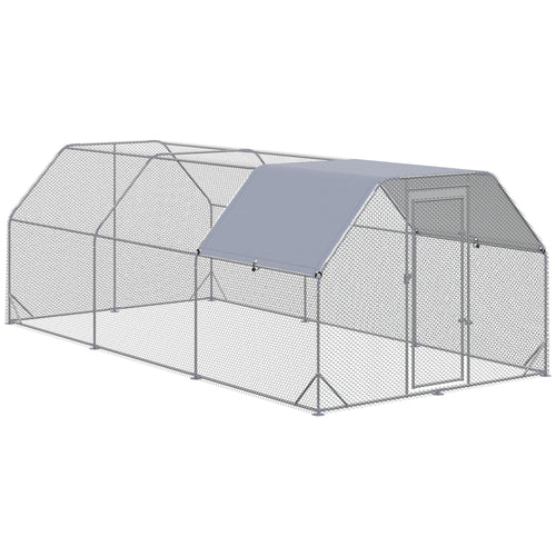 Chicken Run, Galvanized Large Metal Chicken Coop Cage, Walk-in Enclosure Poultry Hen Run House Playpen Rabbit Hutch with Flat Roof, Cover, for Outdoor Backyard, 9.2' x 18.7' x 6.5', Silver