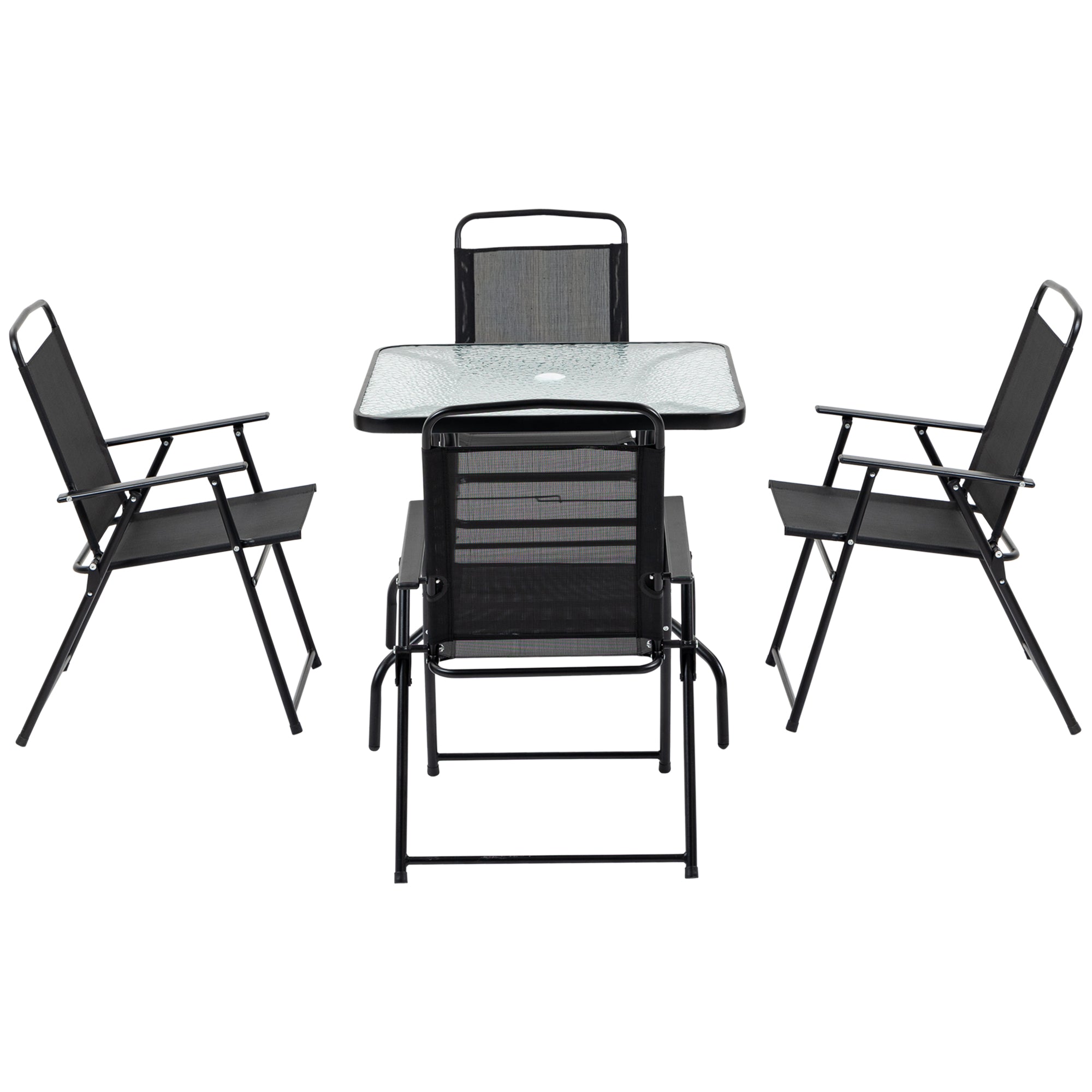 5 Pieces Patio Table and Chairs, Outdoor Dining Set with 4 Folding Chairs, Glass Tabletop and Parasol Hole, Black Outdoor Dining Sets Black at Gallery Canada