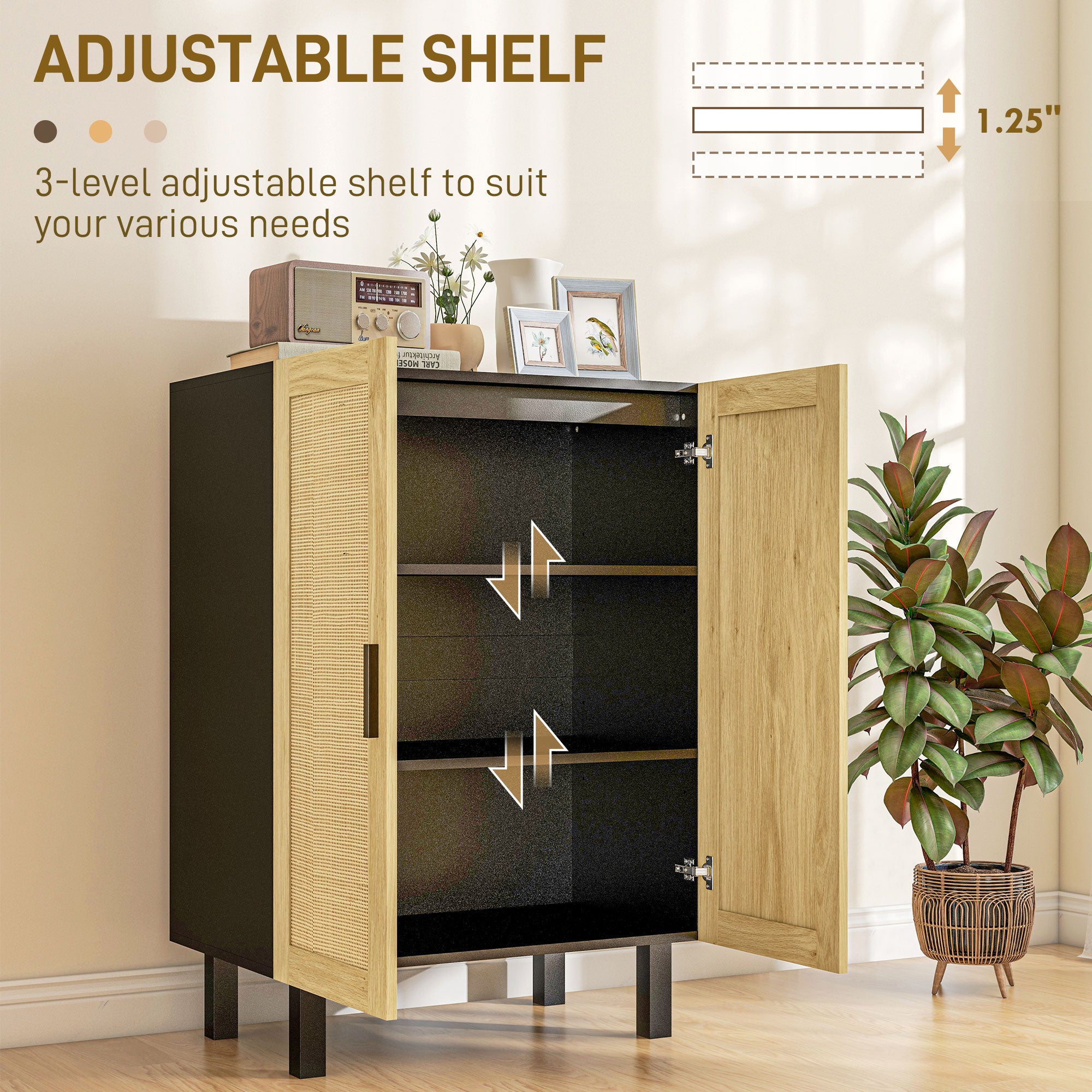 Boho Sideboard, Buffet Cabinet with Storage, Accent Cabinet with 2 Rattan Doors and Adjustable Shelves, Black Storage Cabinets at Gallery Canada