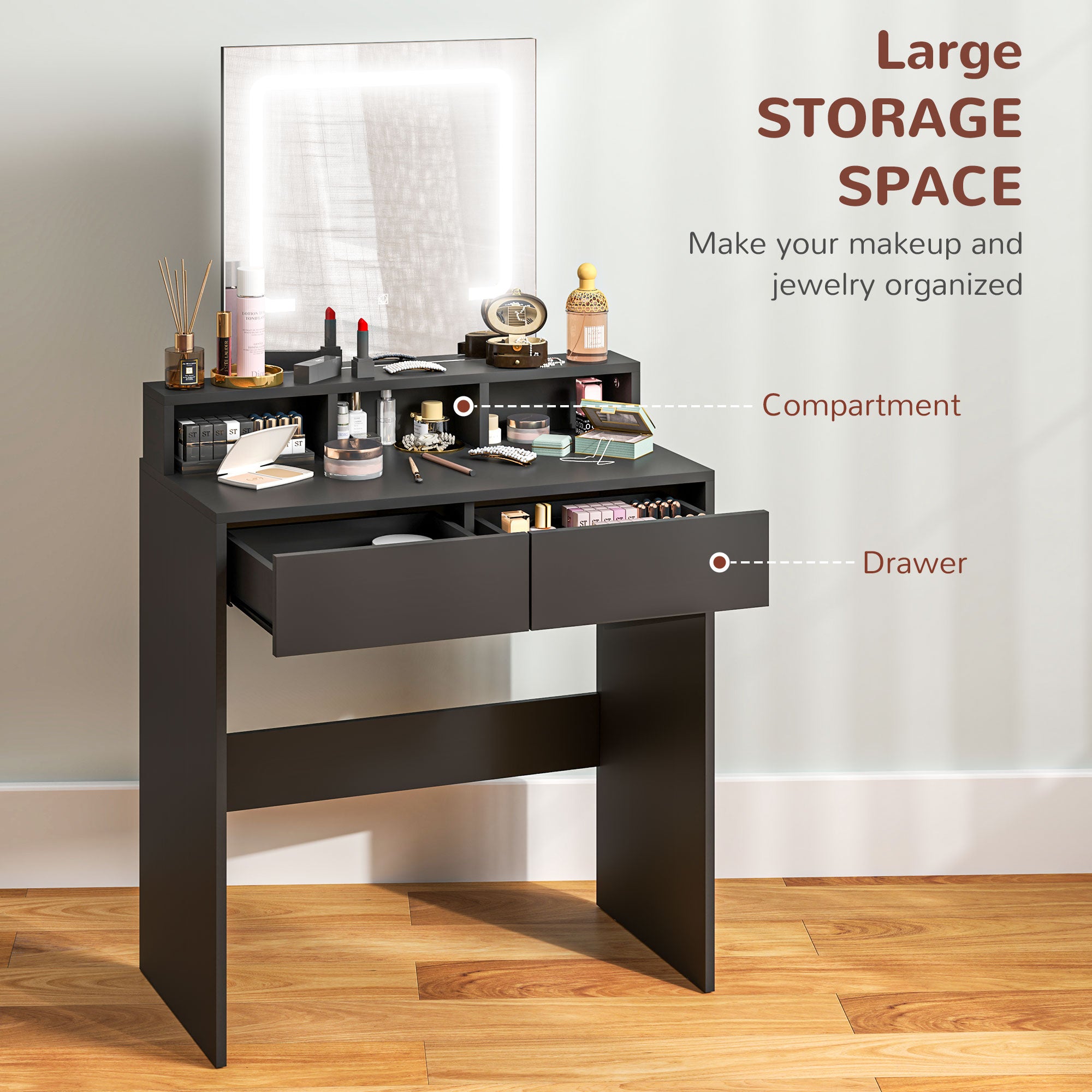 Makeup Vanity Desk with Mirror and LED Lights, for Bedroom, Modern Dressing Table with Drawers, Compartments, Black Dressing & Vanity Tables   at Gallery Canada