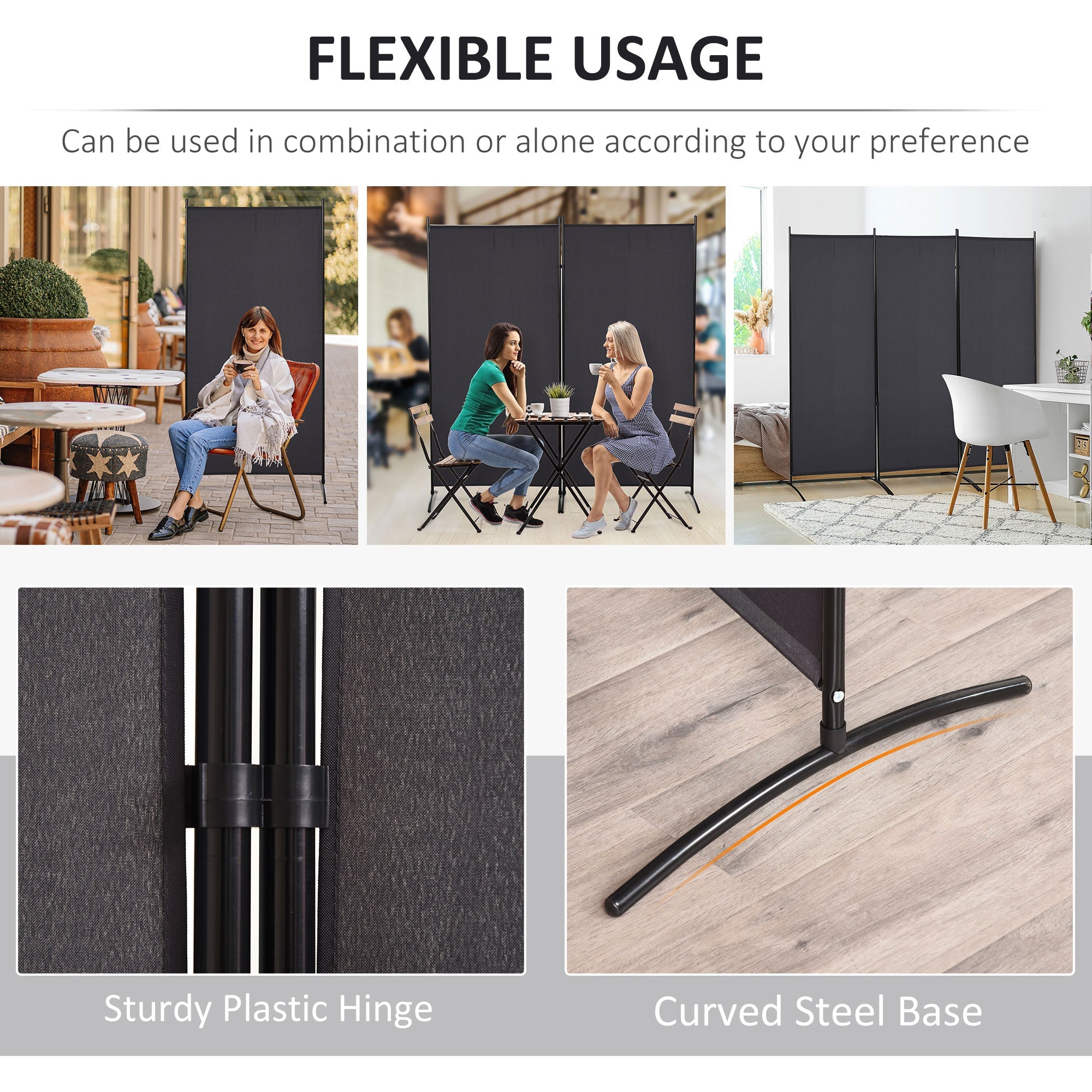 6' 3 Panel Room Divider, Double Hinged Folding Wall Divider, Indoor Privacy Screen for Home Office, Charcoal Grey Room Dividers   at Gallery Canada