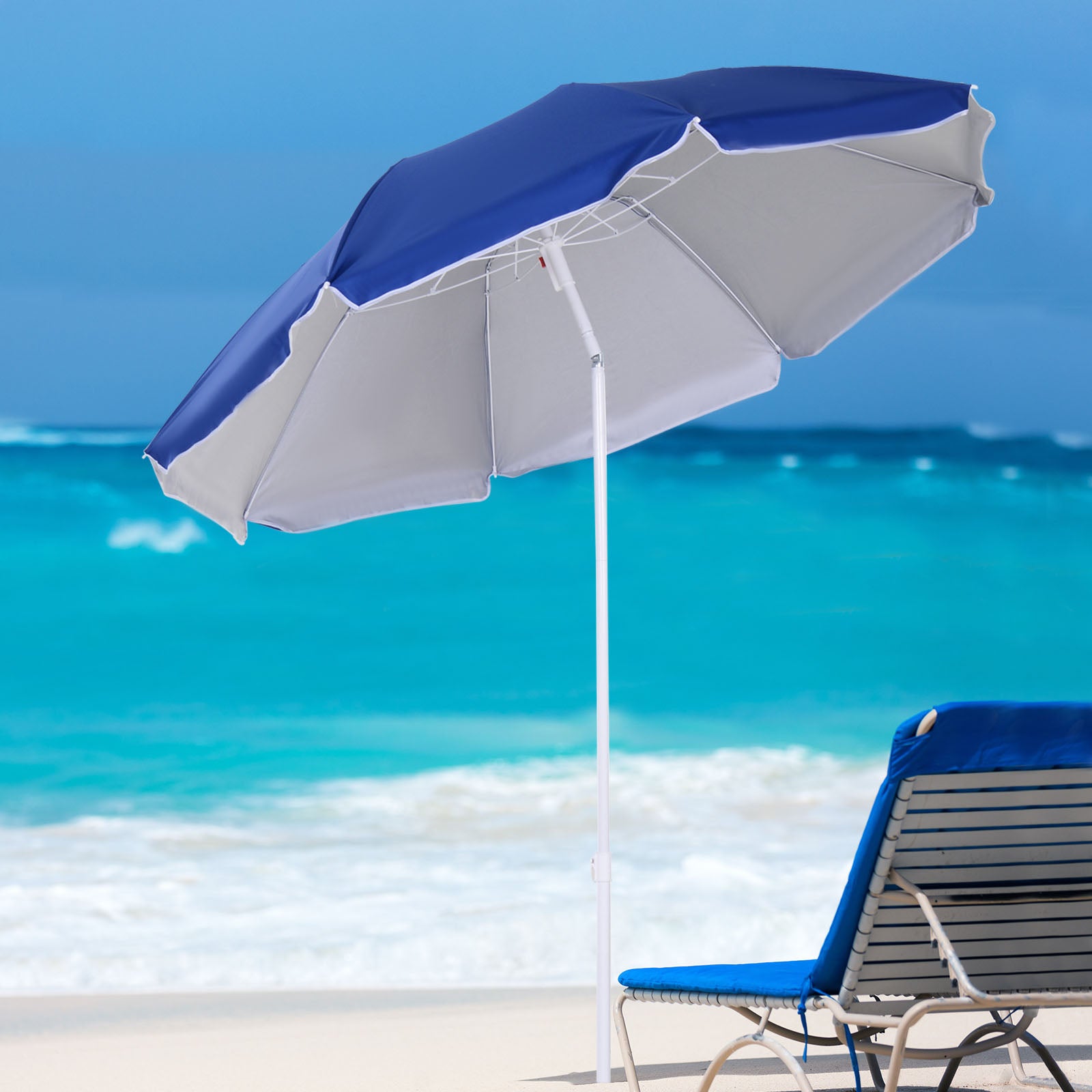 6.7ft Beach Umbrella with Push Button Tilt, Ruffled Outdoor Umbrella with Carry Bag and 8 Ribs, Blue Beach Umbrellas at Gallery Canada