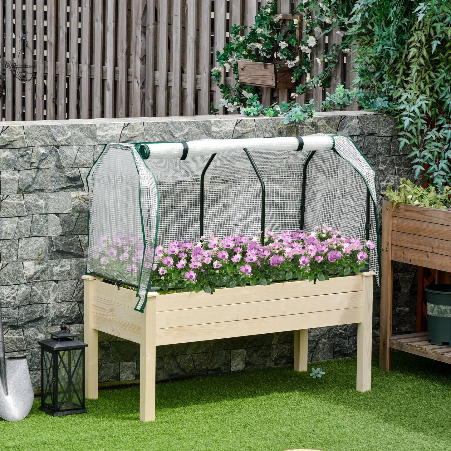 Elevated Wood Planter Box with PE Greenhouse Cover for Herbs & Veggies, Natural Elevated Garden Beds   at Gallery Canada