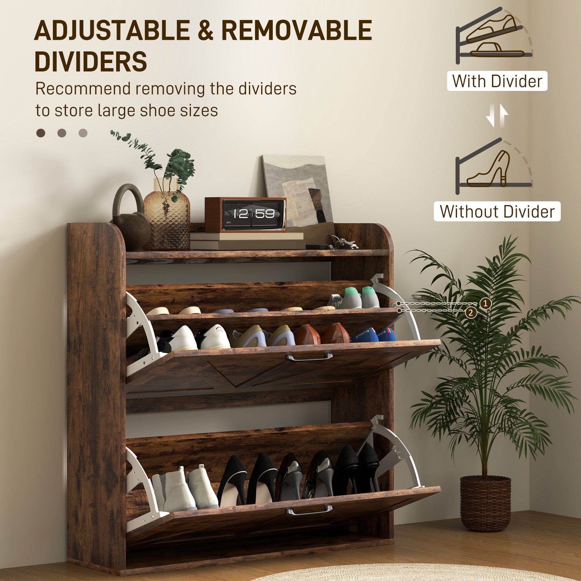 Narrow Shoe Storage Cabinet, Farmhouse Slim Shoe Cabinet with 2 Flip Drawers, Adjustable Shelves, Rustic Brown Shoe Storage Cabinets & Racks at Gallery Canada