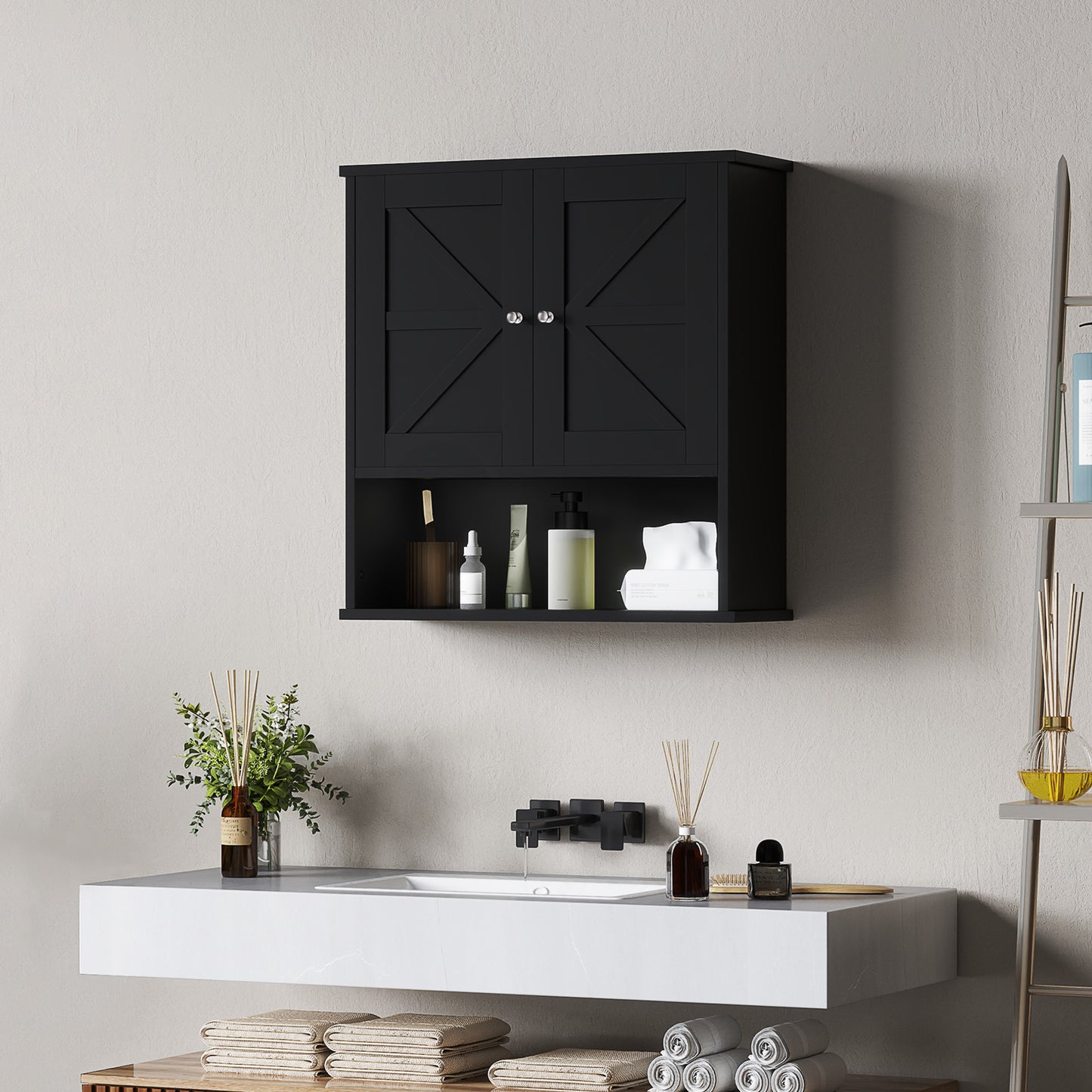 Farmhouse Bathroom Medicine Cabinet, Wall Cabinet with Barn Doors, and Adjustable Shelf for Laundry Room, Black Bathroom Cabinets Black at Gallery Canada