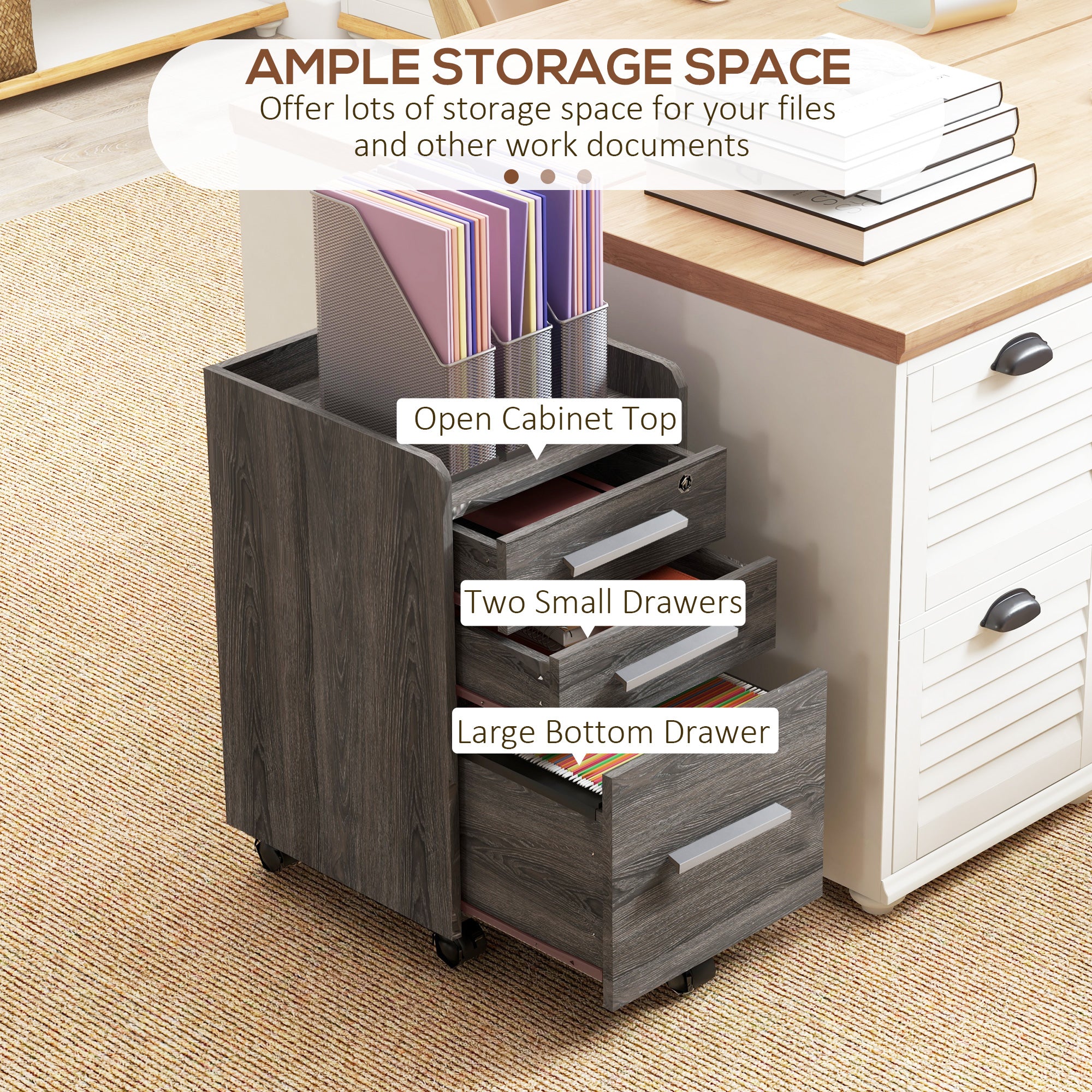 3 Drawer Vertical File Cabinet, Mobile Filing Cabinet with Lock and Wheels for A4, Letter Size, Grey Office Cabinets & Cupboards at Gallery Canada