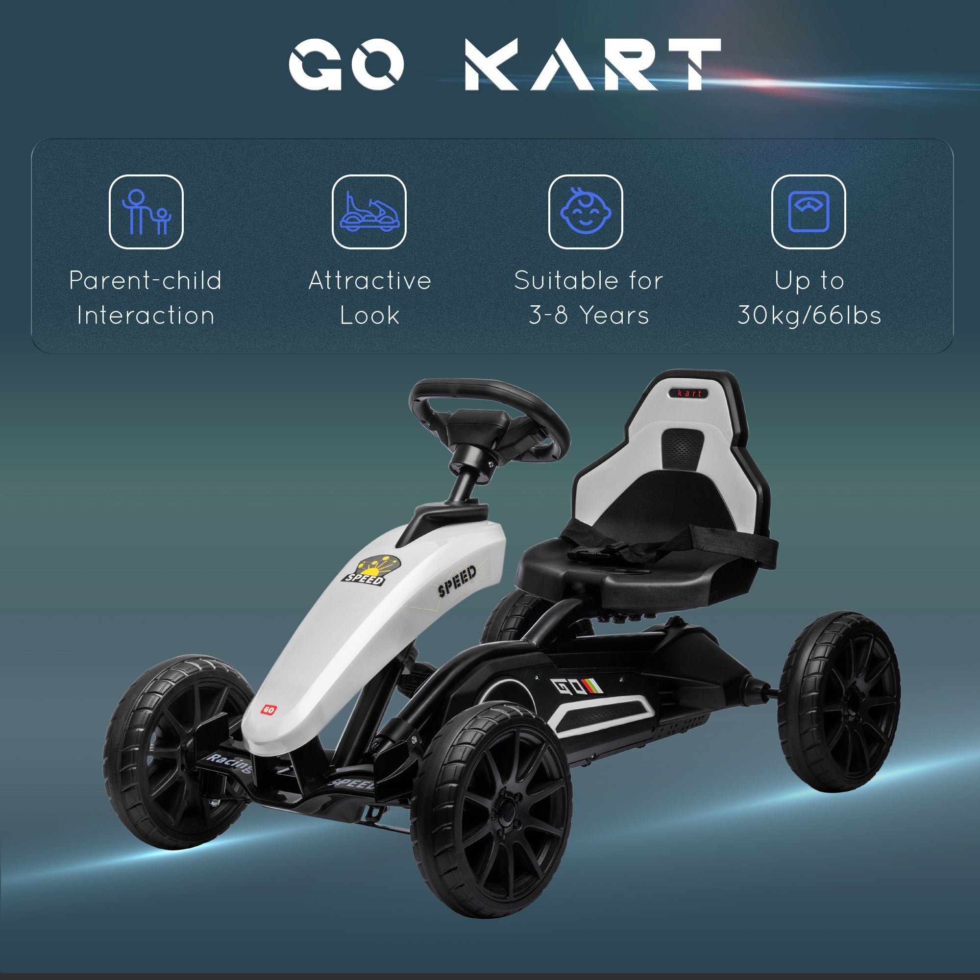 Kids Pedal Go Kart with Swing Axle, Adjustable Seat, Handbrake, EVA Wheels, White Pedal Go Karts for Kids   at Gallery Canada