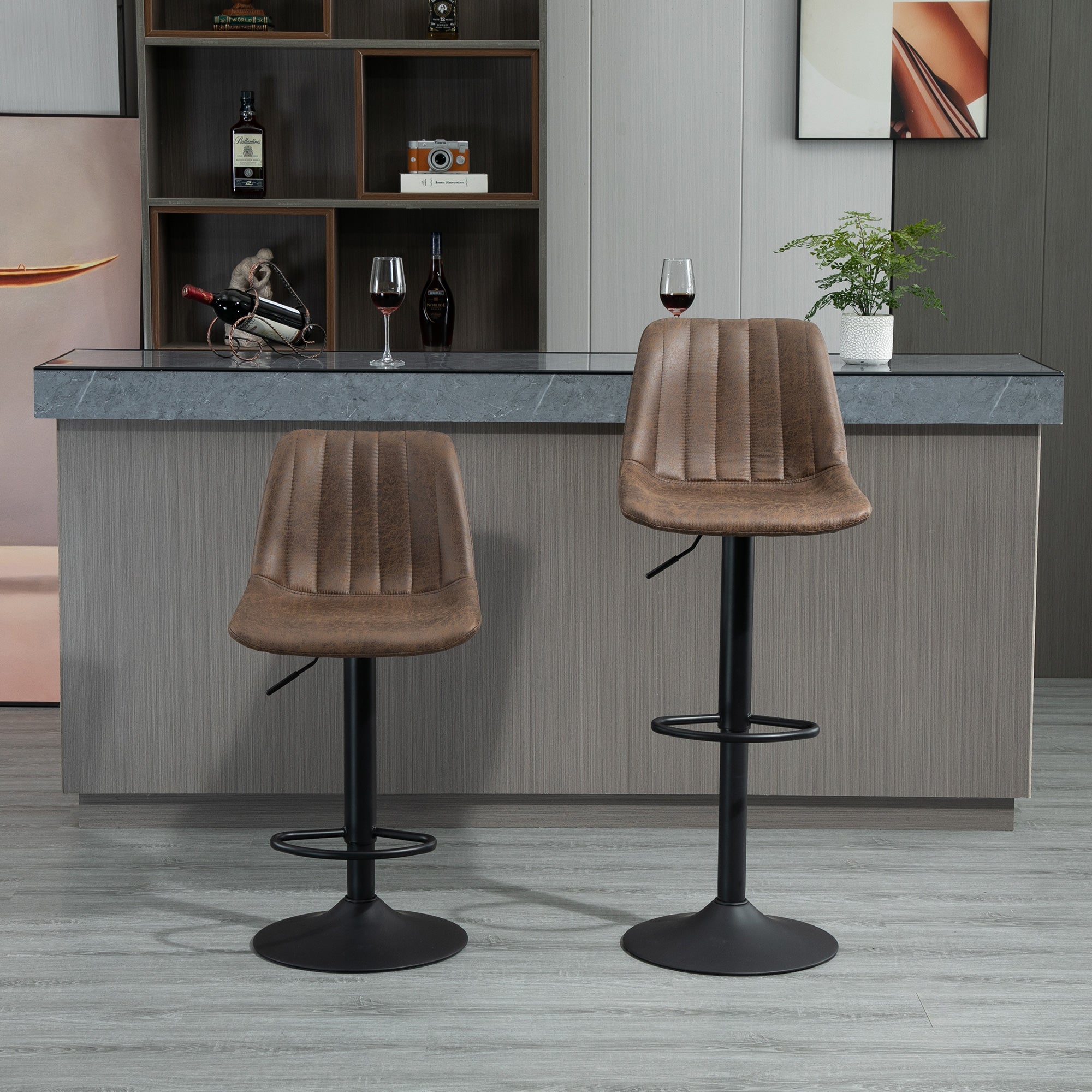 Adjustable Bar Stools Set of 2, Microfiber Swivel Barstools with Back and Footrest, Upholstered Bar Chairs for Kitchen, Dining Room, Home Pub, Brown Bar Stools   at Gallery Canada