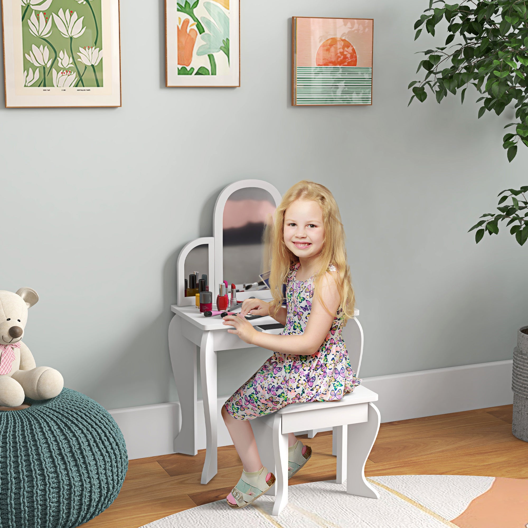 Kids Dressing Table and Chair Set, Girls Dressing Set, Makeup Desk with Drawer for 3-6 Years Old Kids, White Toy Vanity at Gallery Canada