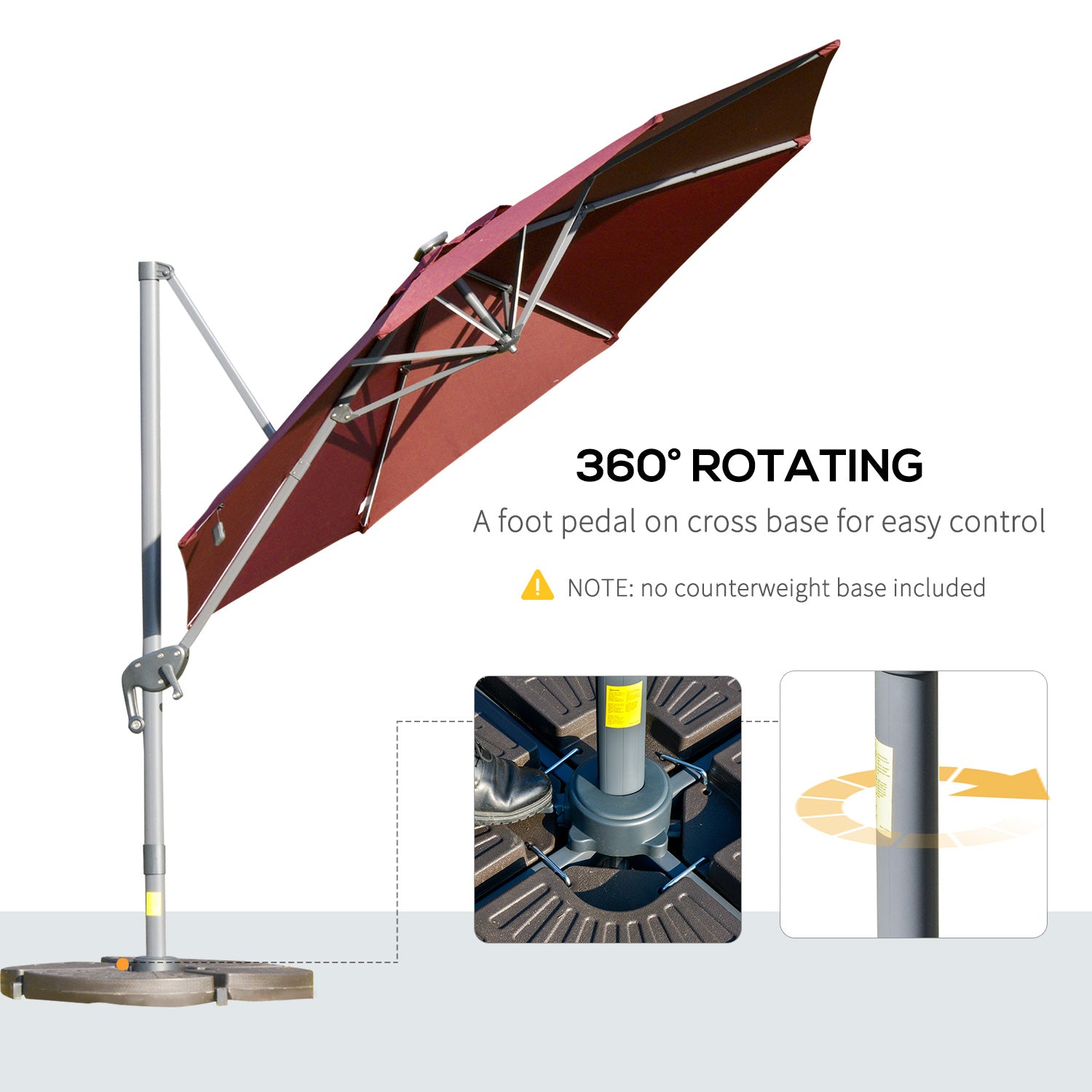 Solar LED Cantilever Sun Umbrella, 360° Rotation, Adjustable Angle, Wine Red Cantilever Umbrellas   at Gallery Canada