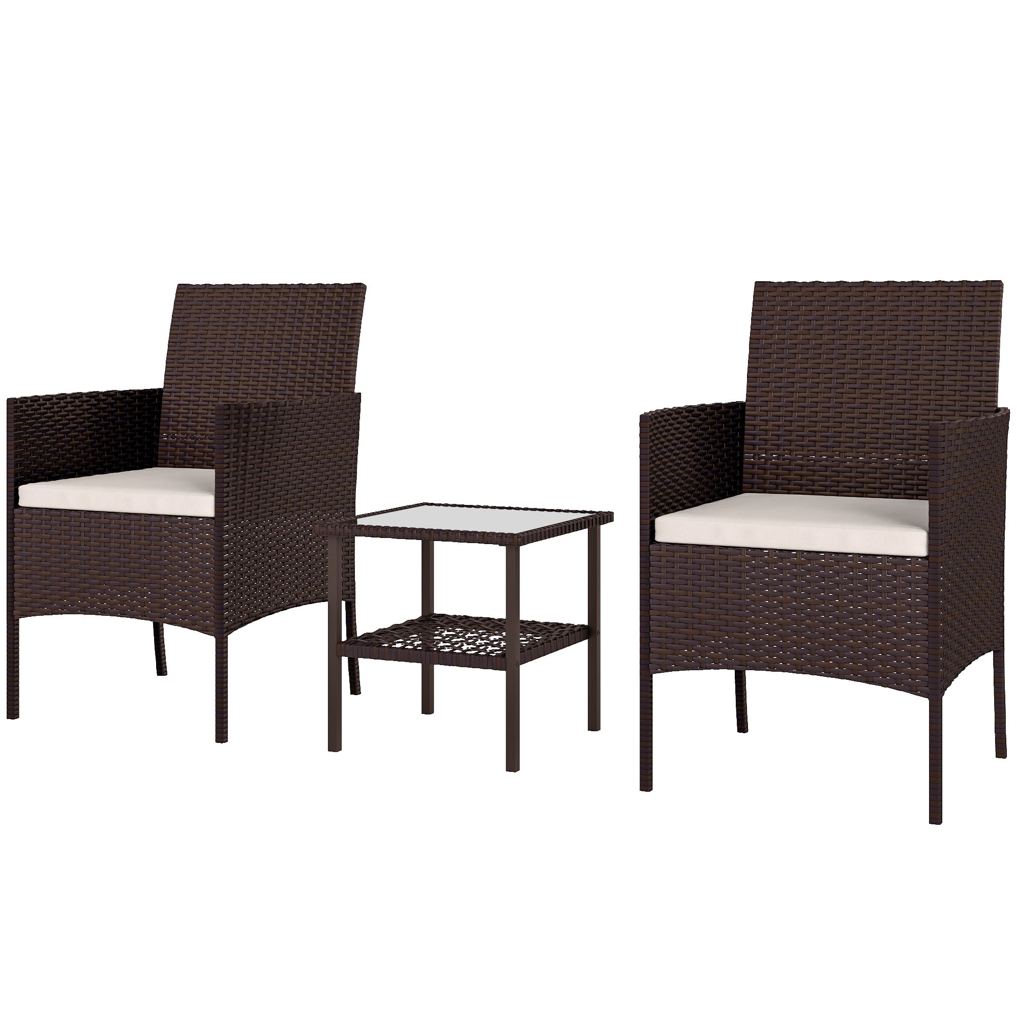 Wicker Bistro Set, 3 Piece Patio Furniture Set with 2-Tier Glass Top Table, Cushions for Balcony, Porch, Beige Bistro Sets Multi Colour at Gallery Canada