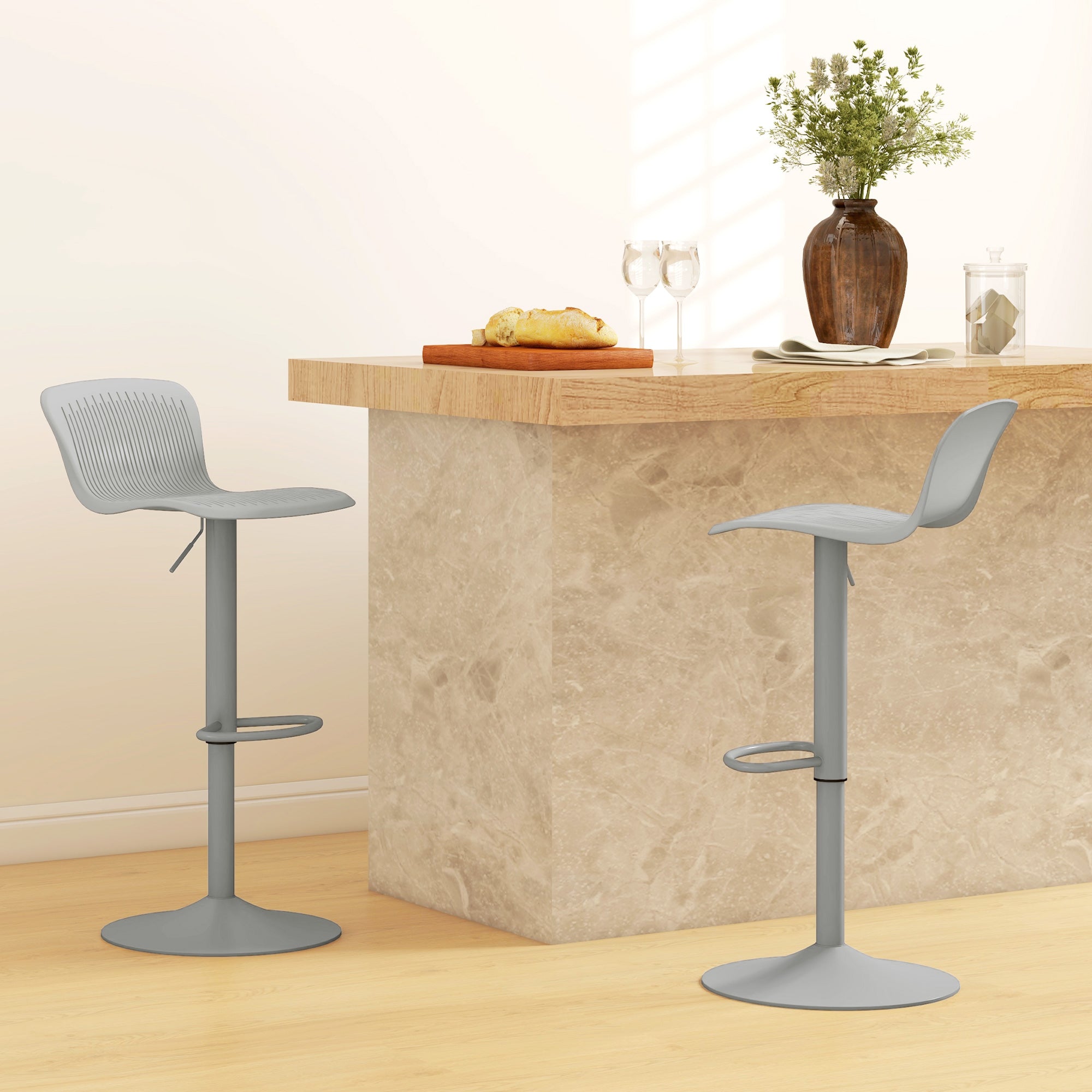 Polypropylene Bar Stools Set of 2, Swivel Barstools with Adjustable Height, Footrest and Backrest, Grey Bar Stools   at Gallery Canada