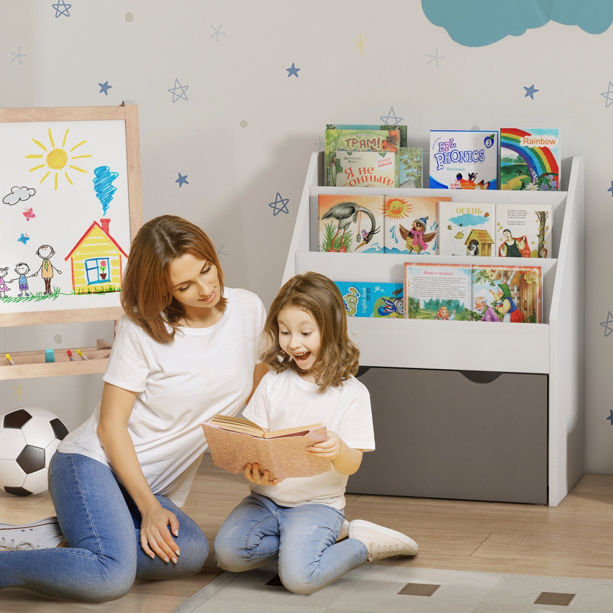 Kids Bookshelf with 3 Tier Display Shelves, Drawer for Nursery, Grey Baby & Kids Storage Grey  at Gallery Canada