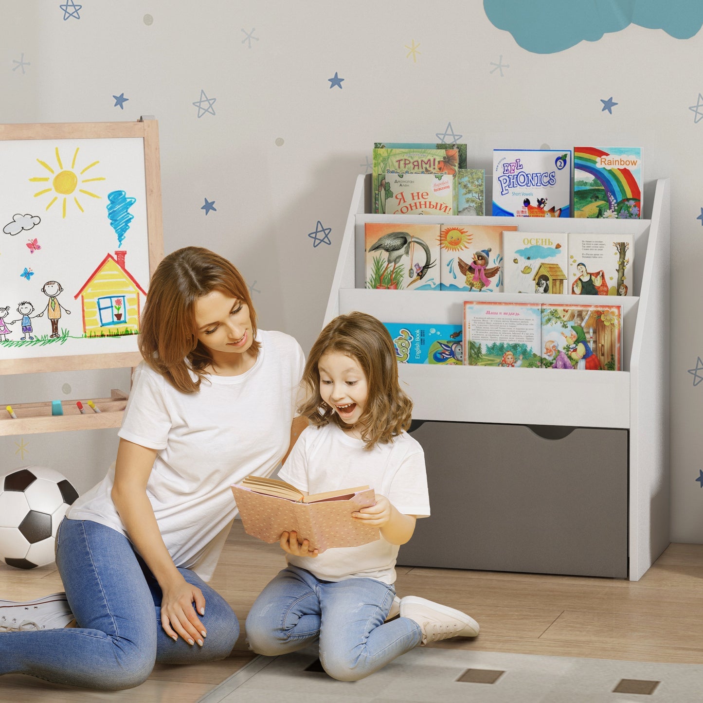 Kids Bookshelf with 3 Tier Display Shelves, Drawer for Nursery, Grey Baby & Kids Storage Grey  at Gallery Canada