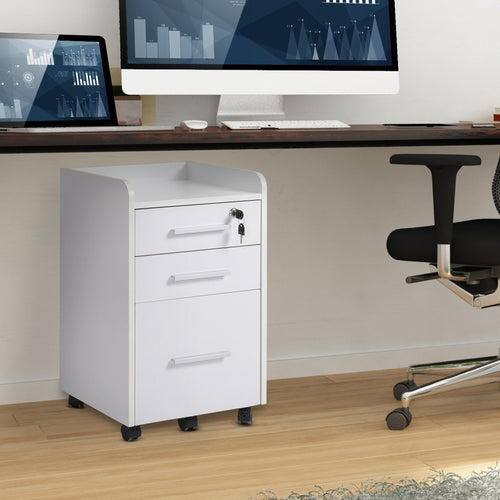 3 Drawer File Cabinet with Lock and Edged Top, Lockable Filing Cabinet on Wheels with Hanging Bars for Letter and A4 Size, White