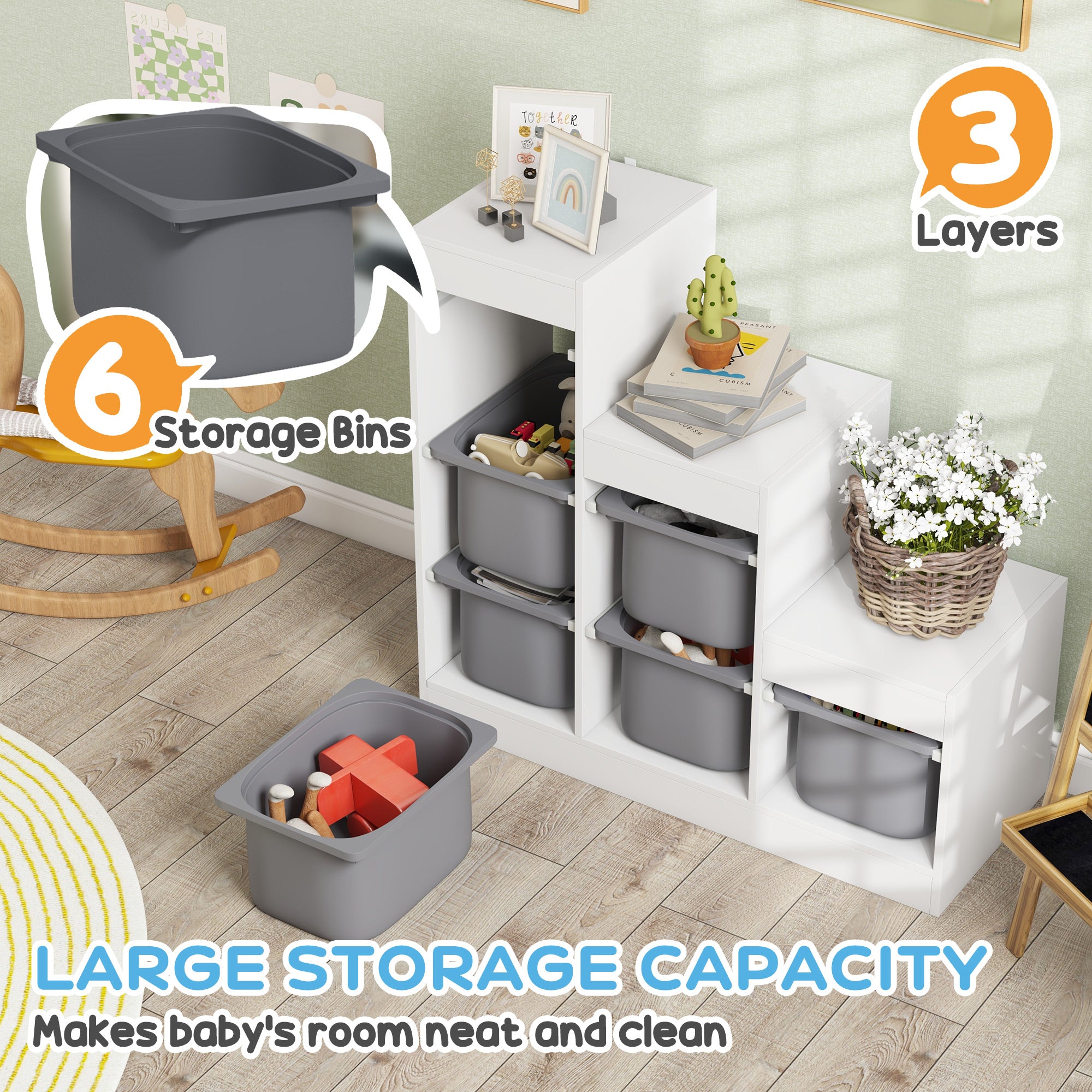 3 Layers Toy Storage Organizer Kids Bookshelf Children Toy Storage w/ 6 Plastic Bins, White Baby & Kids Storage   at Gallery Canada