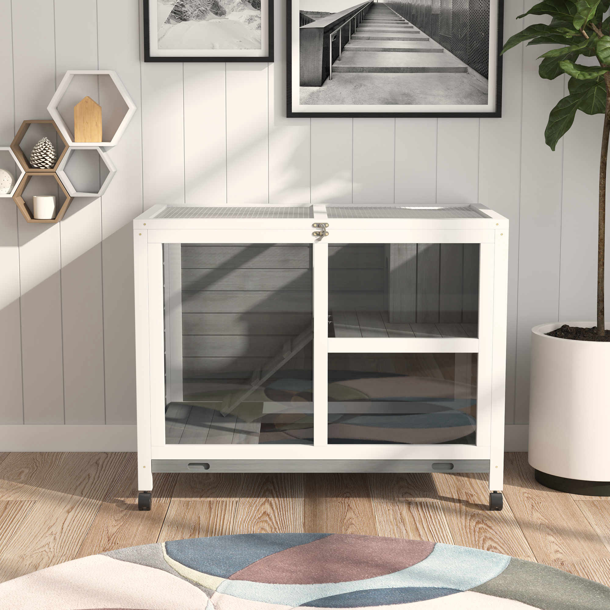Indoor Rabbit Hutch with Wheels, Bunny Cage Guinea Pig House W/ Top Access, Ramp, Pull Out Tray, Grey Rabbit Hutch at Gallery Canada