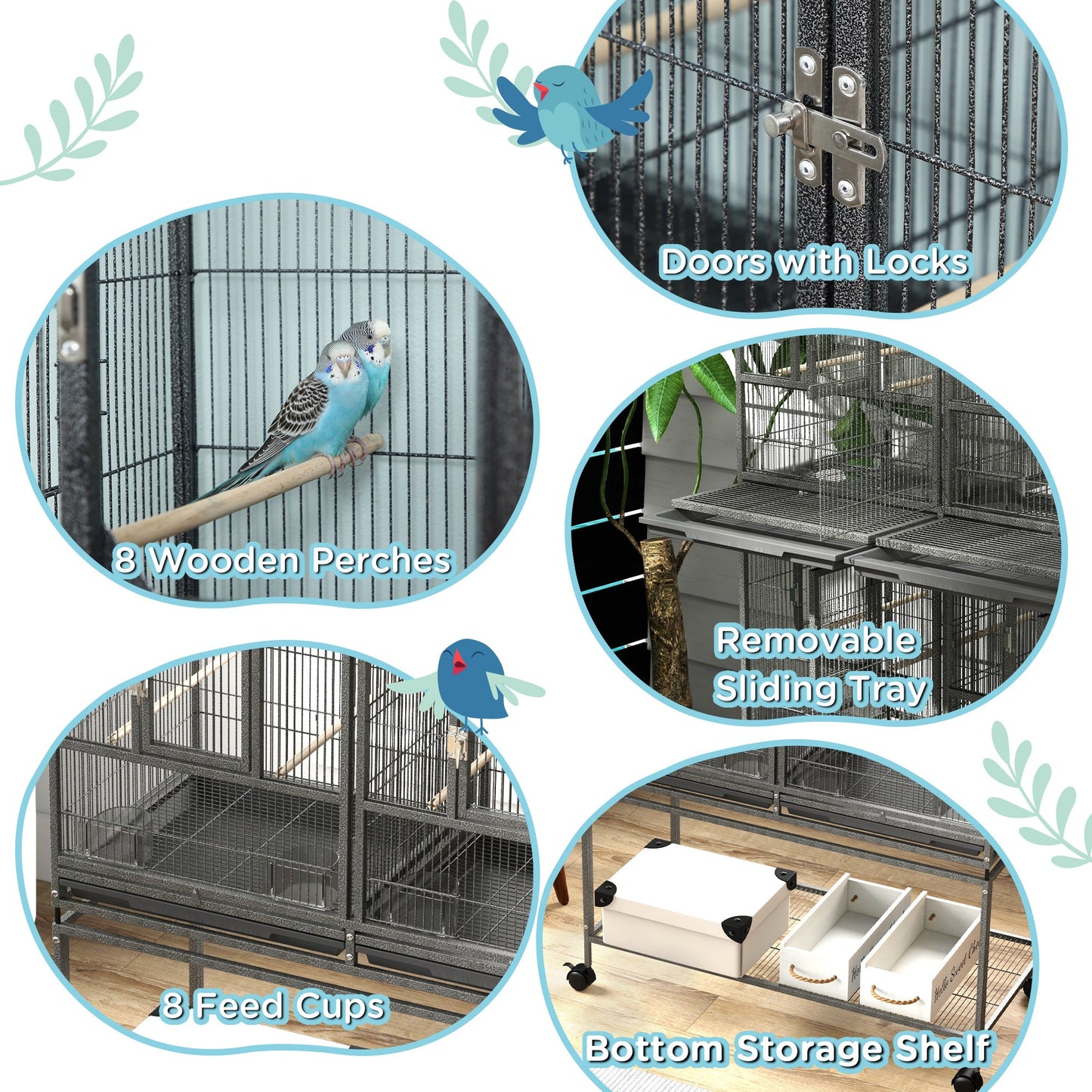 61"H Divided Breeder Bird Cage with Rolling Stand Removable Metal Tray, Storage Shelf, Wood Perch, and Food Container, Dark Grey Bird Cages   at Gallery Canada