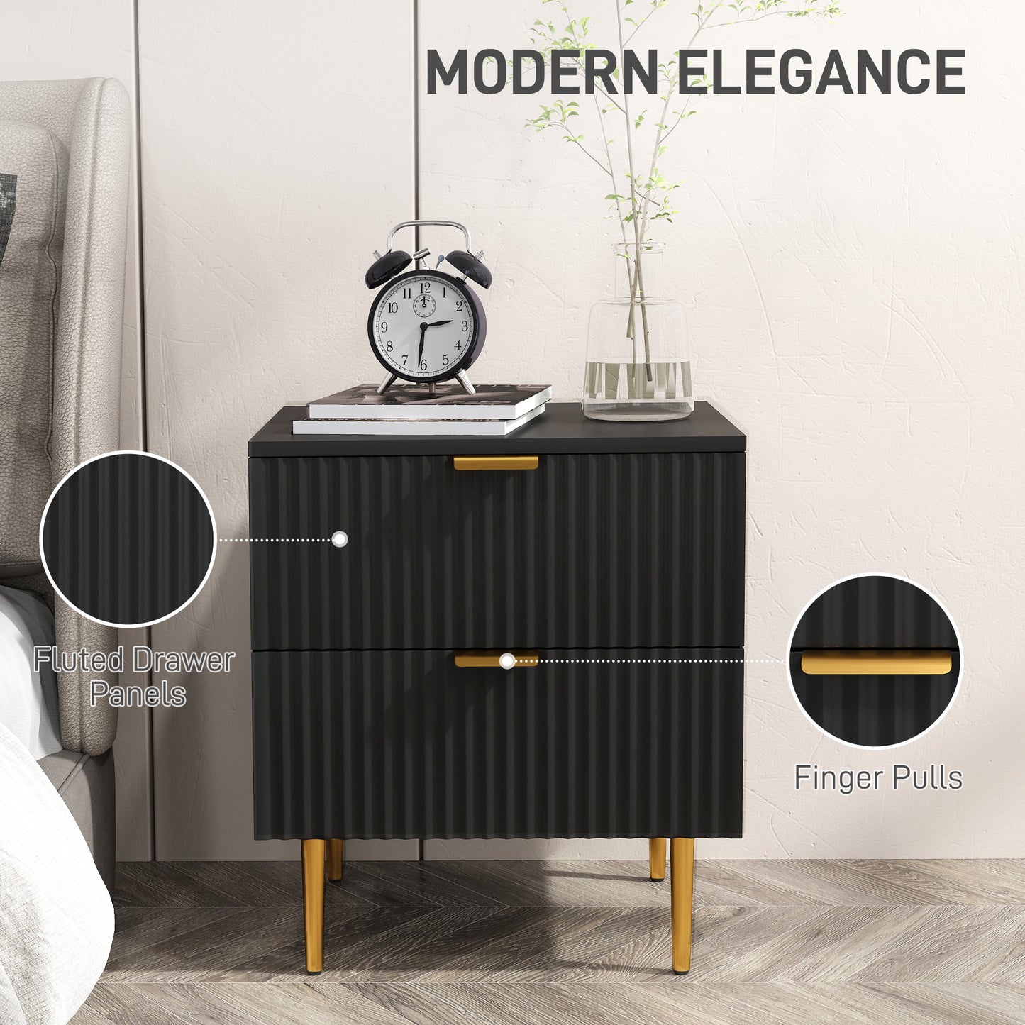 Bedside Table, Modern Nightstand with 2 Drawers, Side End Table with Metal Legs for Living Room, Bedroom, Black Bedside Tables   at Gallery Canada