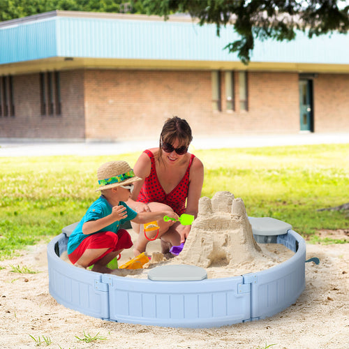 Kids Outdoor Sandbox with Cover, Bottom Fabric Liner, for 3-12 Years, Light Blue