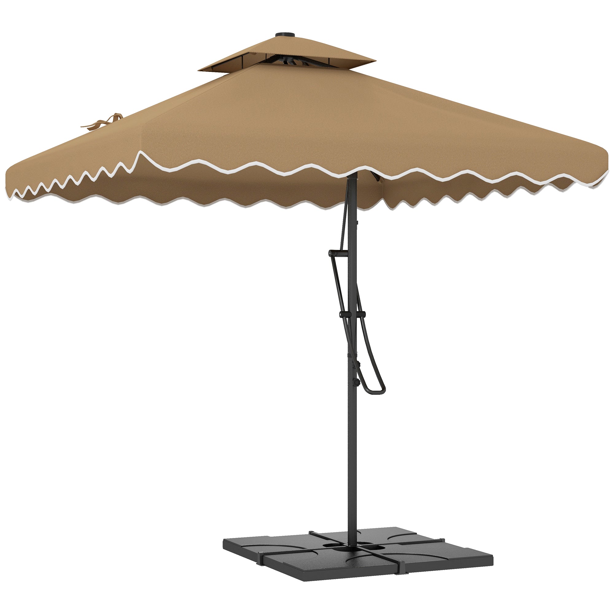 8' x 8' Square Double Top Offset Patio Umbrella Garden Parasol with Ruffles, Lever Handle and Weights, Khaki Cantilever Umbrellas Khaki  at Gallery Canada