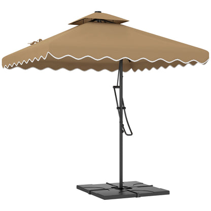 8' x 8' Square Double Top Offset Patio Umbrella Garden Parasol with Ruffles, Lever Handle and Weights, Khaki Cantilever Umbrellas Khaki  at Gallery Canada