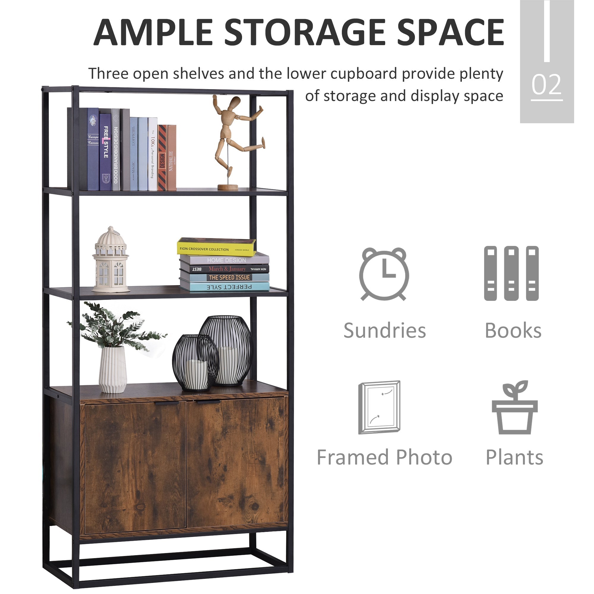 Storage Cabinet with 3 Open Shelves Cupboard Freestanding Tall Organizer Multifunctional Rack for Livingroom Bedroom Kitchen Rustic Brown Display Bookshelves   at Gallery Canada