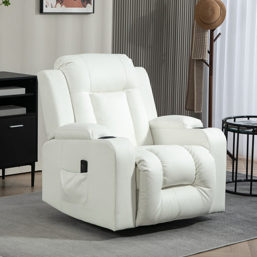 Massage Recliner Chair for Living Room with 8 Vibration, Overstuffed PU Leather Manual Reclining Chair with Wide Seat, Cup Holders, 360° Swivel, Rocking, Cream White