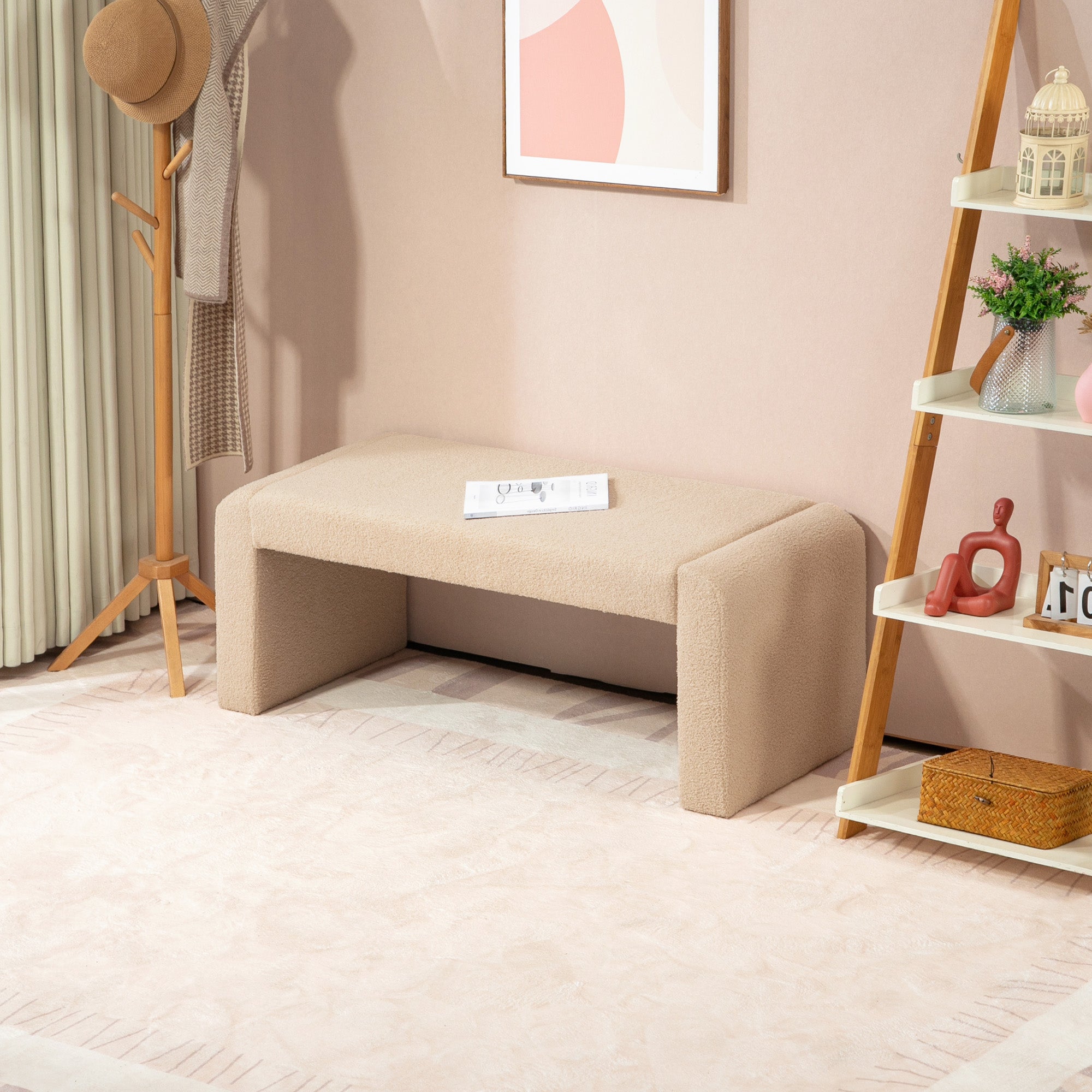 Upholstered Bedroom Bench, Boucle End of Bed Bench, Modern U-Shaped Entryway Bench, 39 x 18 x 18 Inches, Light Brown Storage Ottomans & Benches at Gallery Canada