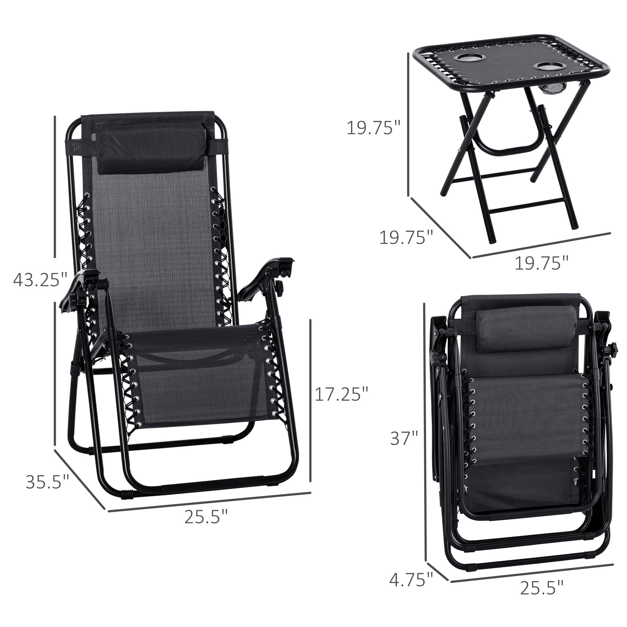 Zero Gravity Lounger Chair Set with Side Table, Patio Chaise Lounge, Cup Holders &; Adjustable Headrest, Black Lounger Chairs   at Gallery Canada