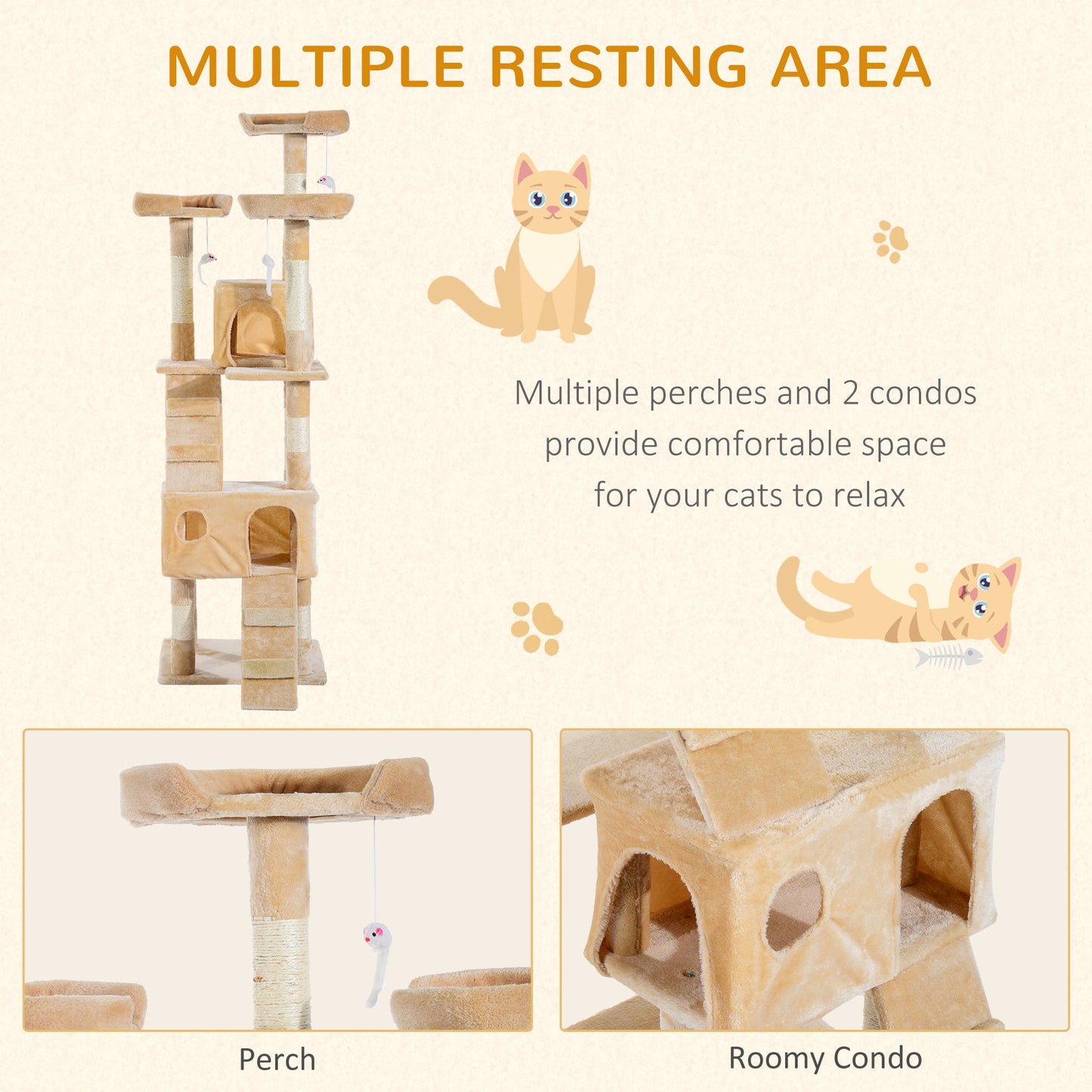 67-inch Multi-Level Cat Scratching Tree Kitty Activity Center Post Tower Condo Pet Furniture w/ Toy Beige Cat Towers   at Gallery Canada