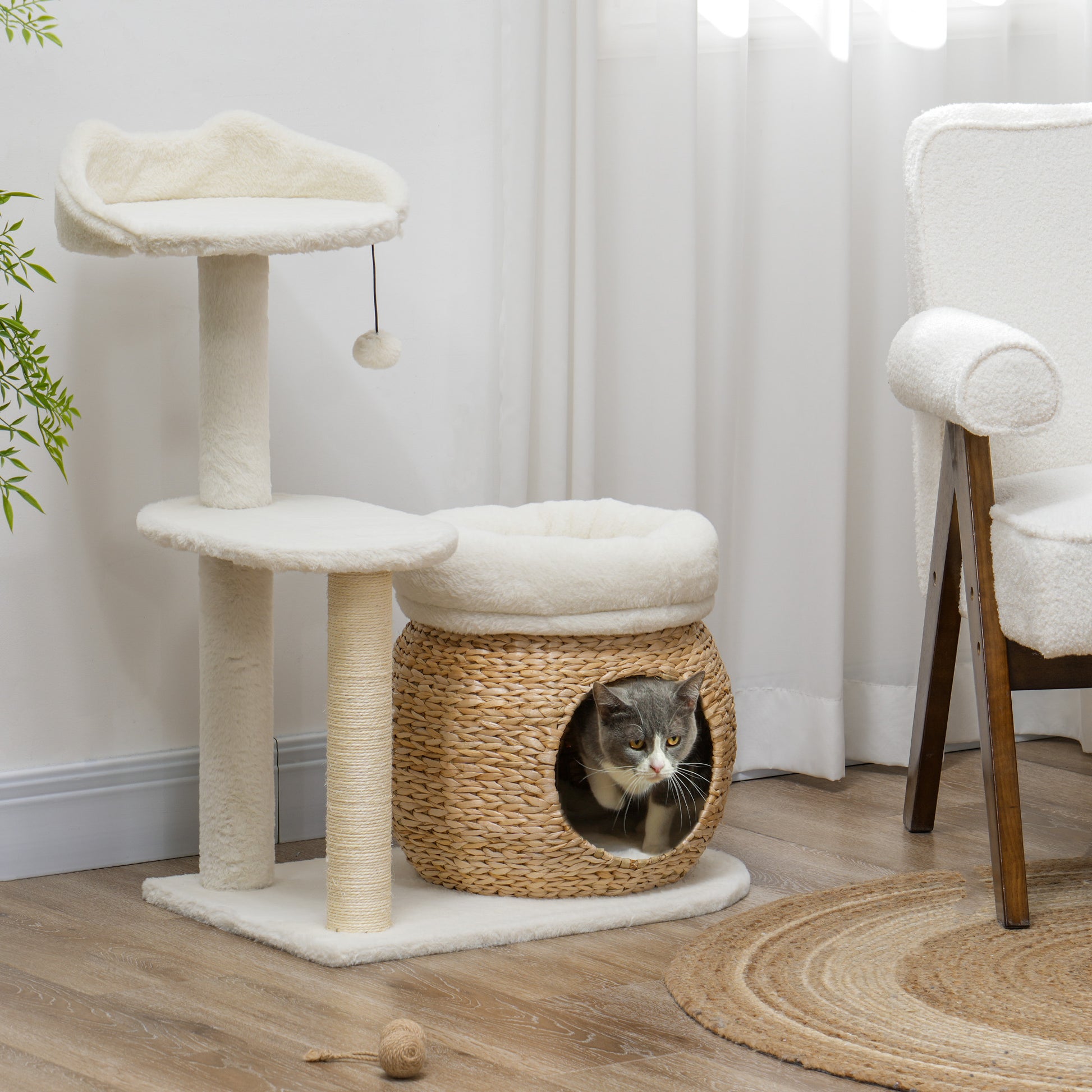 31" Cat Tree Tower with Scratching Posts, Cat Condo, Beds, Platform, Toy Ball, for Indoor Cats, Cream White Cat Towers   at Gallery Canada