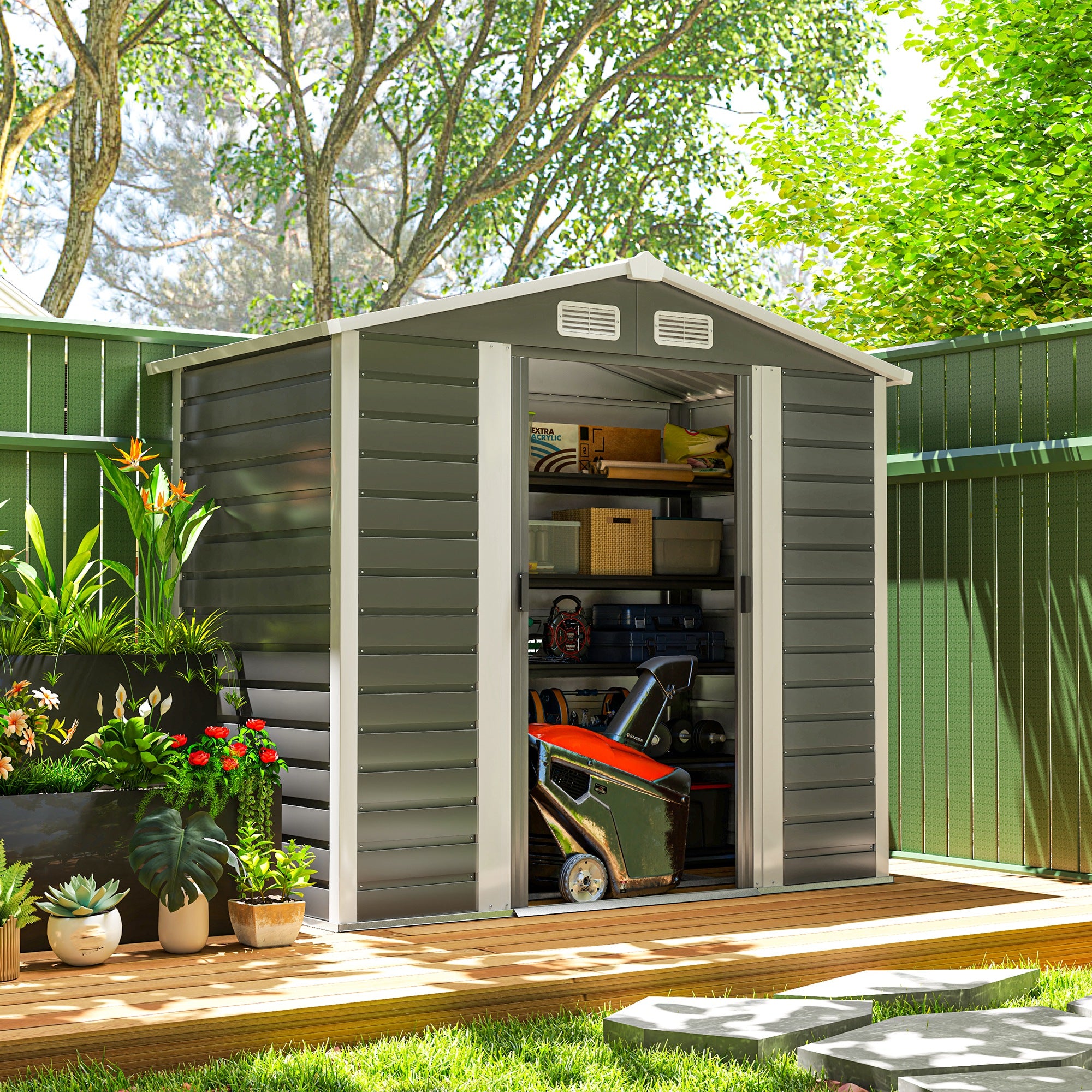 7' x 4' Outdoor Storage Shed, Metal Garden Shed with Lockable Doors and Gloves for Backyard, Garden, Patio, Dark Grey Sheds at Gallery Canada