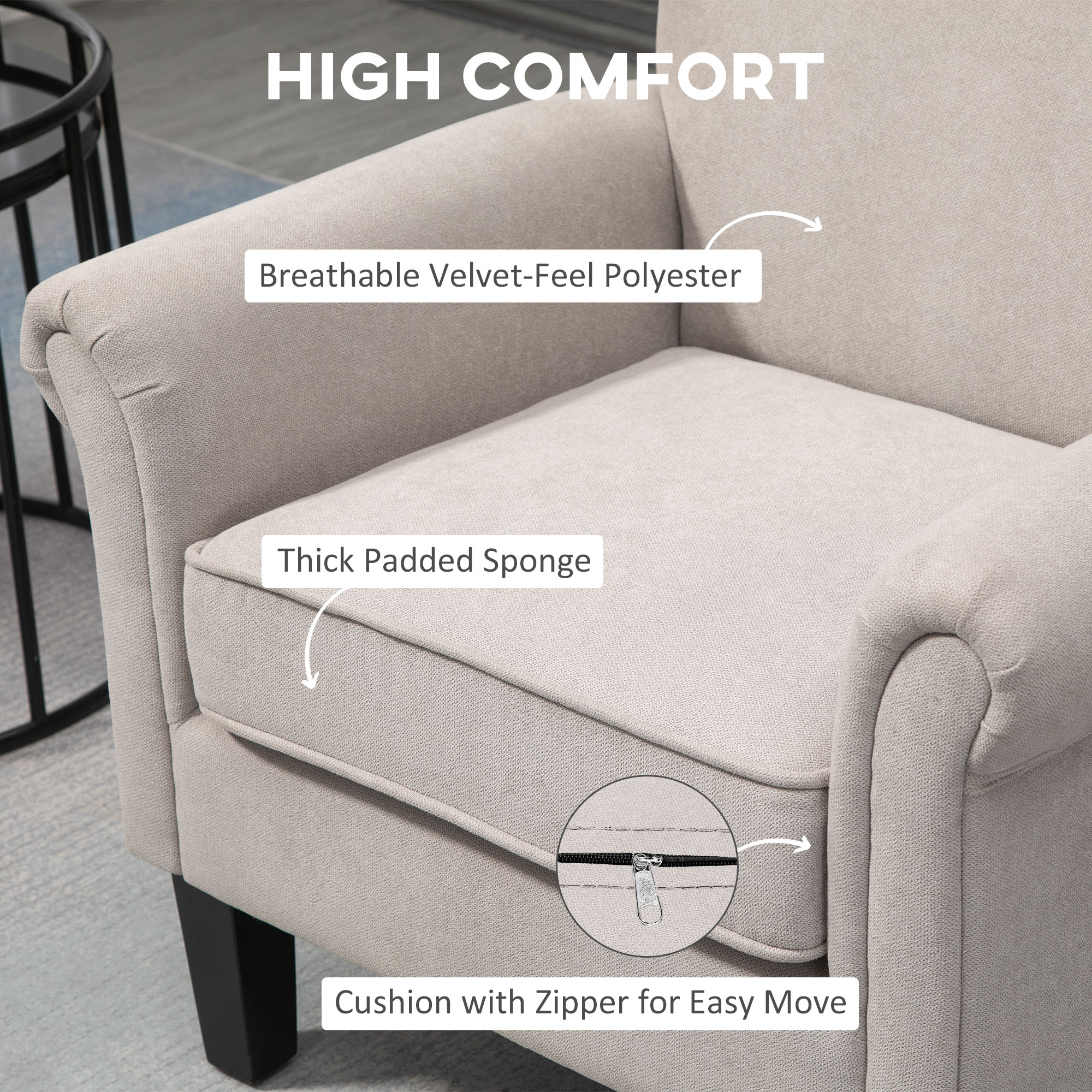 Upholstered Accent Chair, Single Armchair with Soft Velvet Touch Fabric, Rolled Armrest, Grey Single Sofas at Gallery Canada