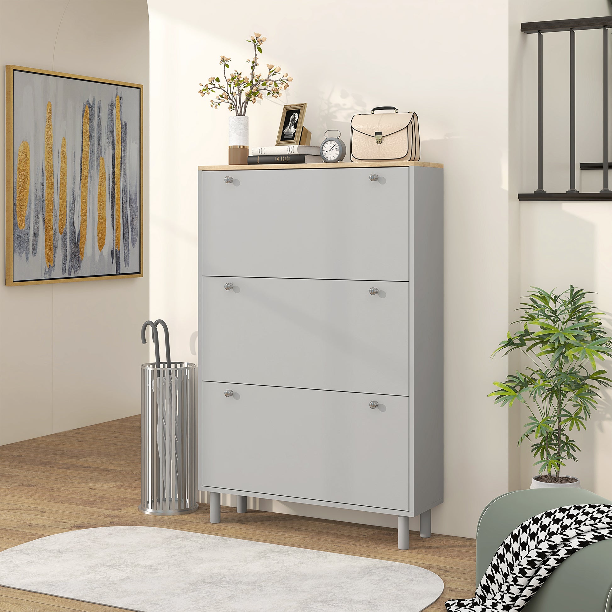 Shoe Storage with 3 Flip Drawers and Adjustable Shelves, Entryway Shoe Storage Cabinet for 24 Pairs of Shoes, Grey Shoe Storage Cabinets & Racks   at Gallery Canada