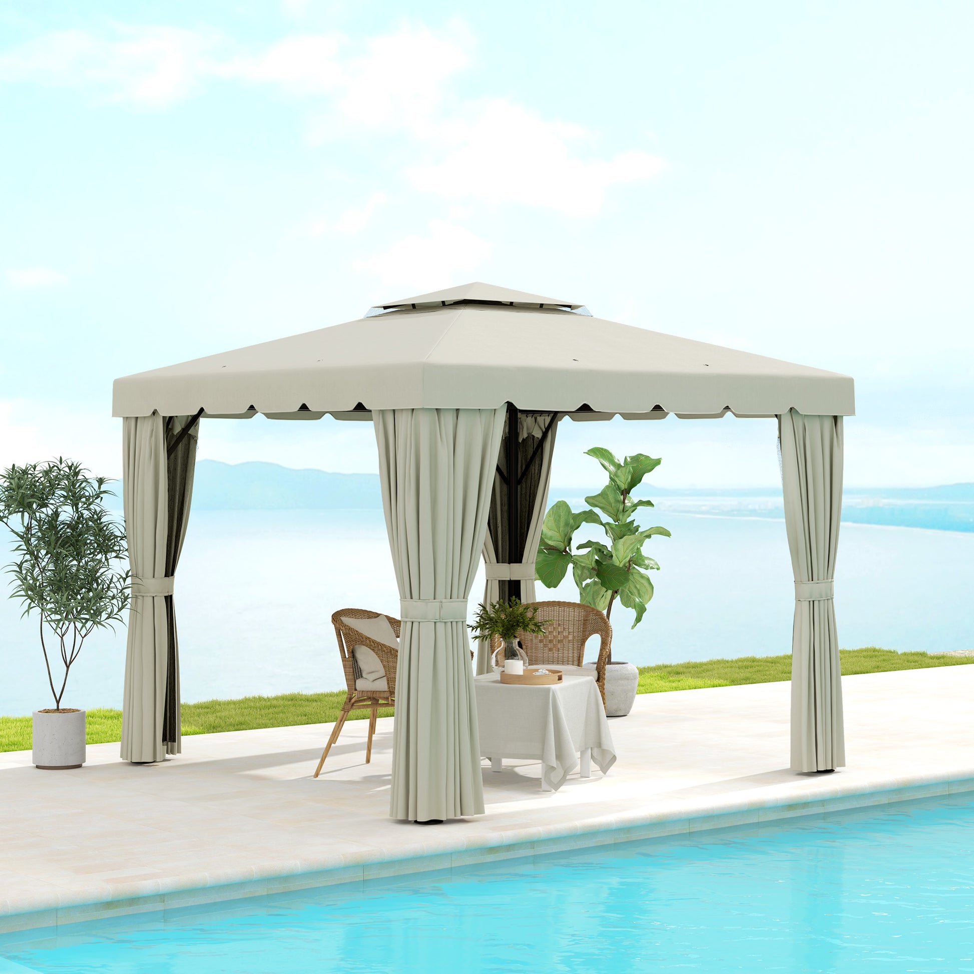 10' x 10' Outdoor Patio Gazebo Double Soft-top Garden Shelter Tent with Curtains, &; Mesh Screen Drapes, Cream White Gazebos at Gallery Canada