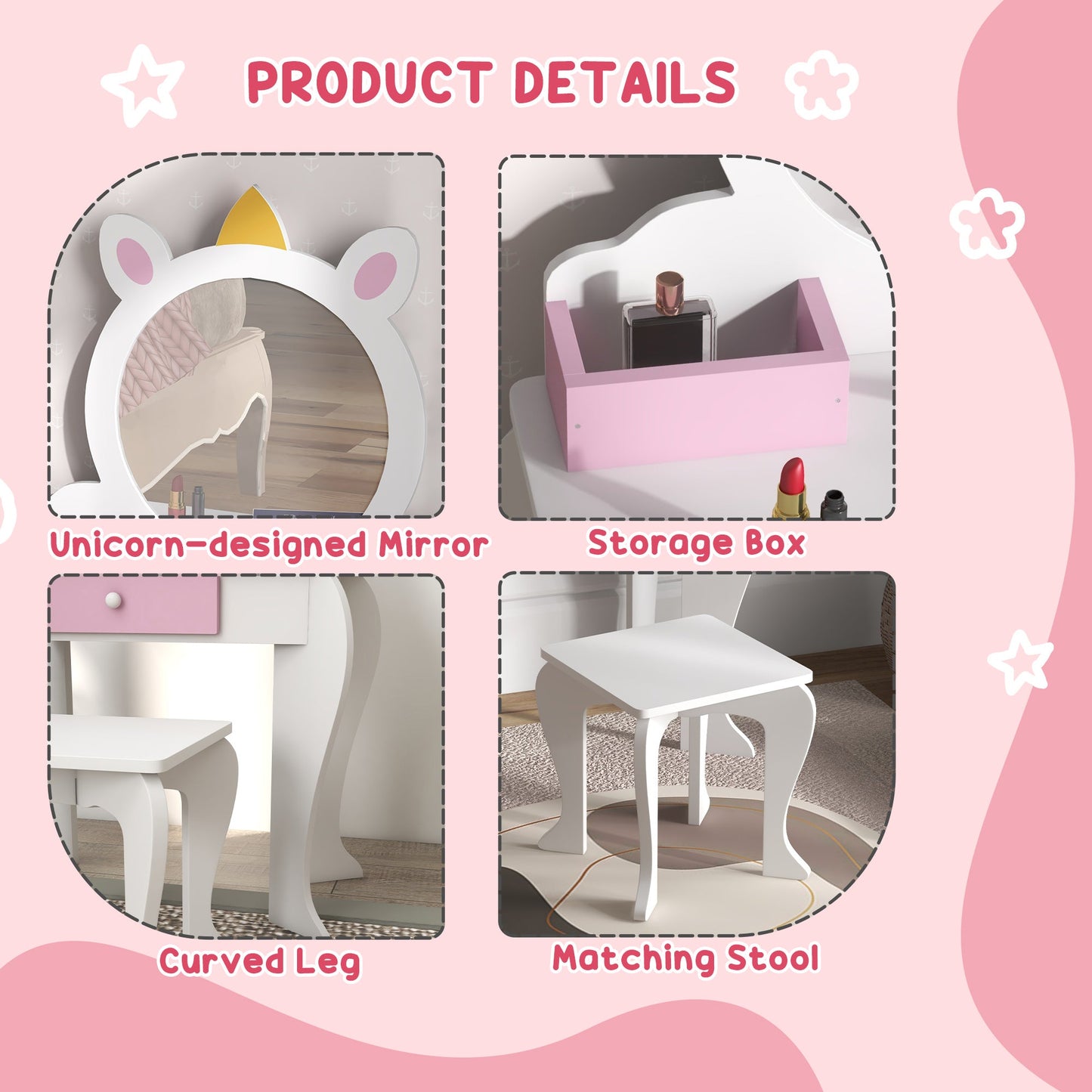 Kids Makeup Vanity Set with Stool, Mirror, Drawer, Storage Boxes, Unicorn Design, White Toy Vanity   at Gallery Canada