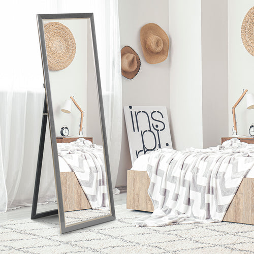 Floor Standing Mirror, Full Body Mirror, Free Standing, Leaning or Wall Mirror with Frame for Bedroom, Grey