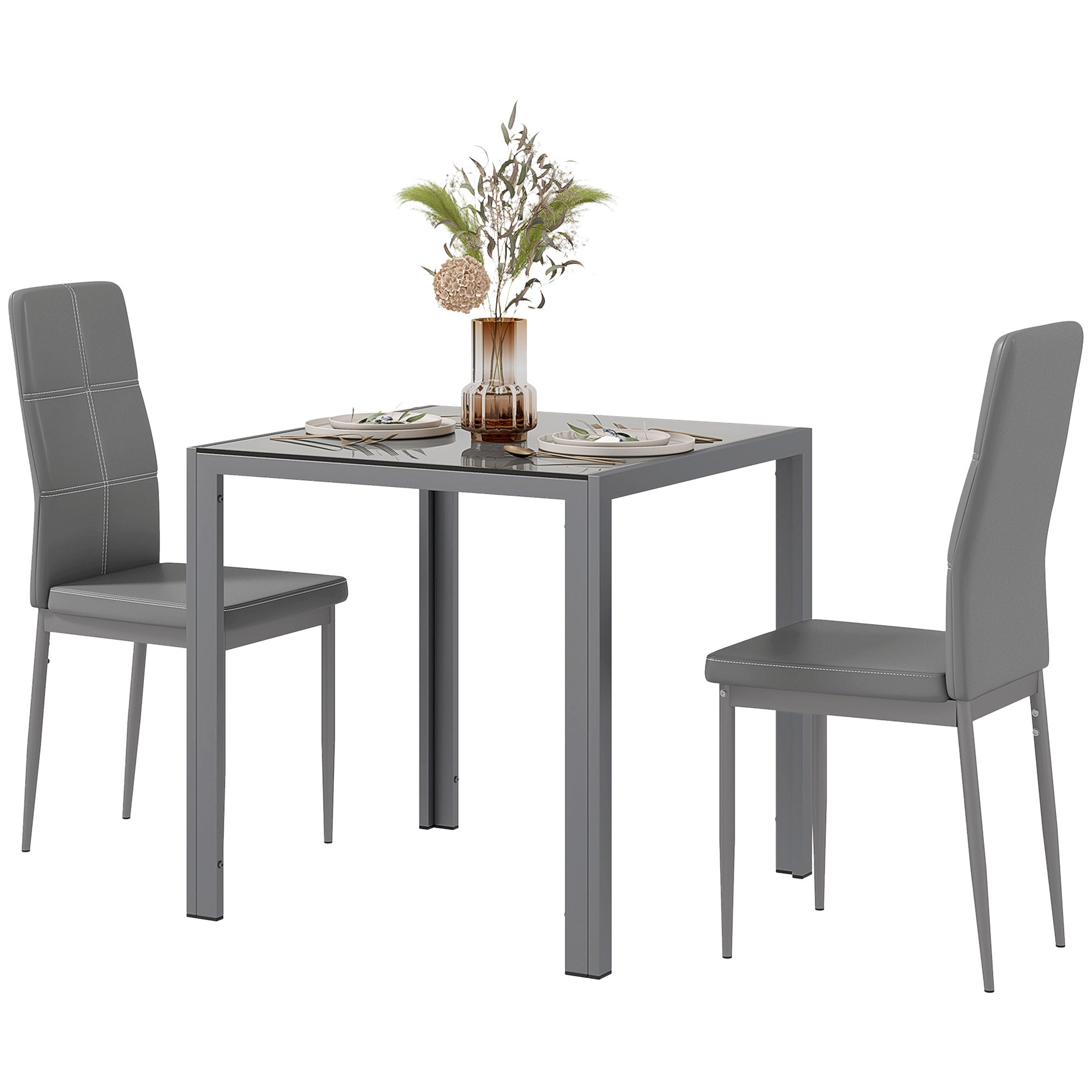 3-Piece Rectangular Glass Kitchen Table and Chairs with Metal Frame and Faux Leather Upholstery for Dining Room, Grey Bar Sets   at Gallery Canada