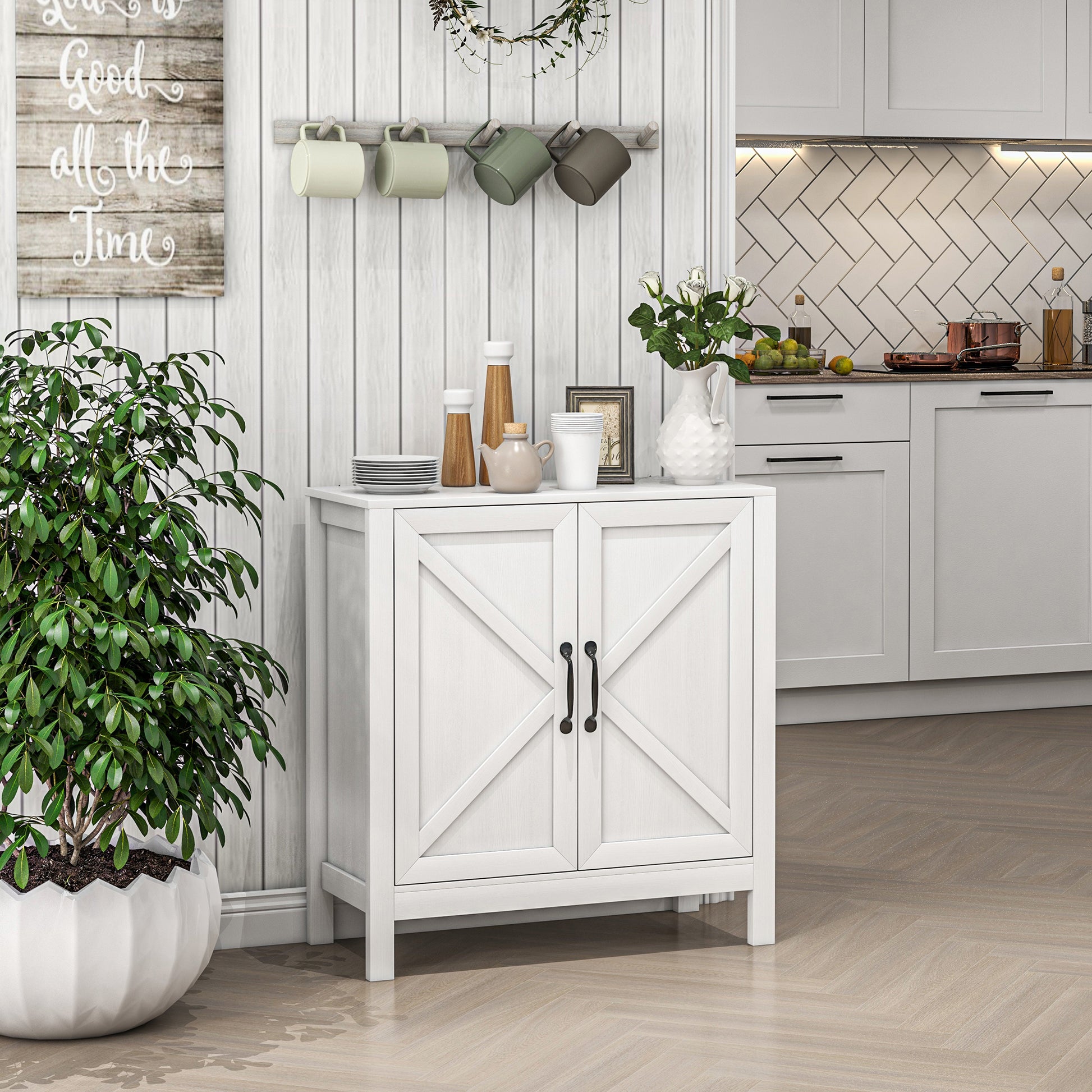 Sideboard Buffet, Kitchen Storage Cabinet with Barn Door and Adjustable Shelves, Storage Pantry, White Wood Grain Bar Cabinets   at Gallery Canada