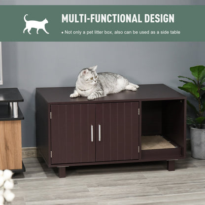 Wooden Cat Washroom Pet Litter Box Enclosure Kitten House Nightstand End Table with Scratcher Magnetic Doors Brown Cat Litter Box Enclosures   at Gallery Canada