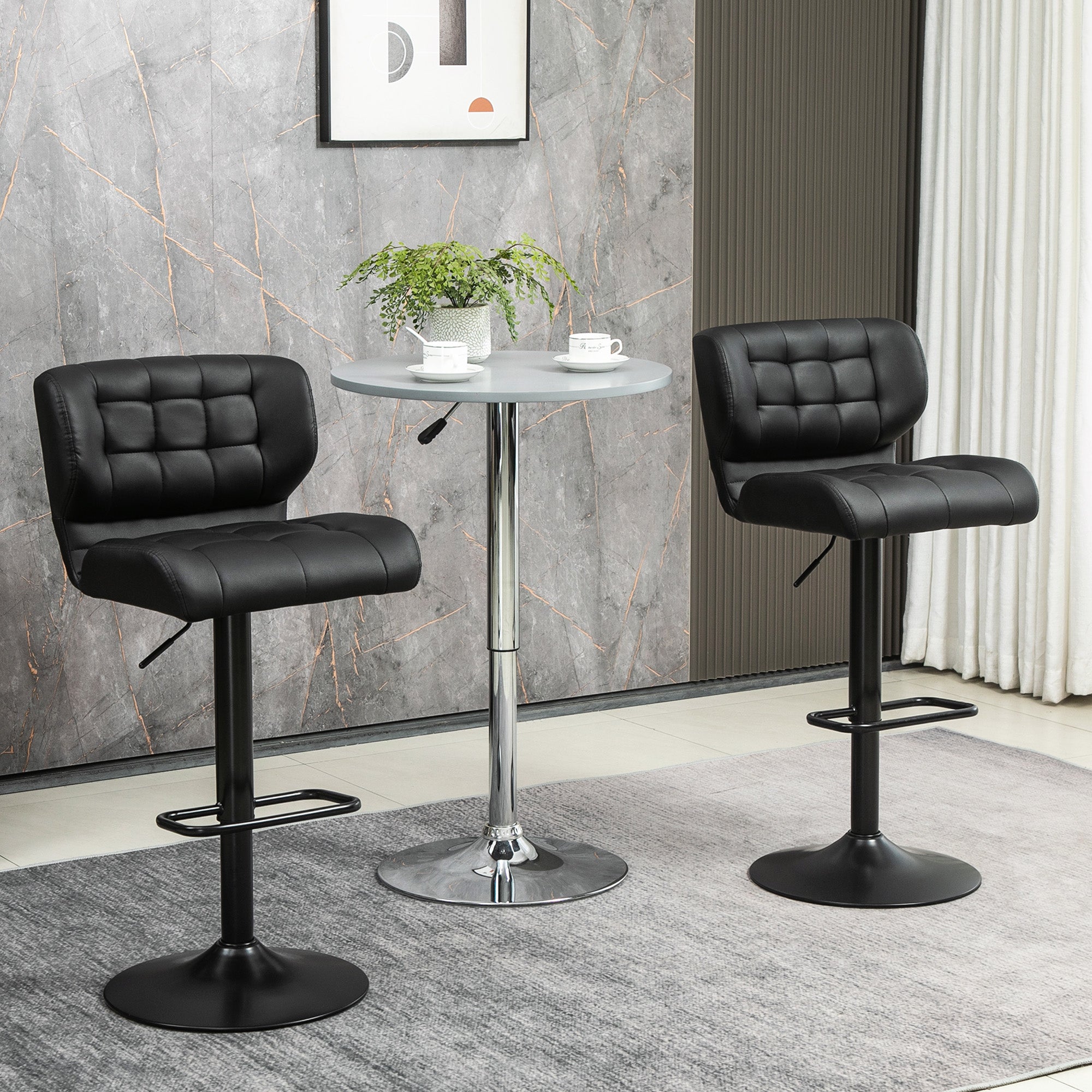 Adjustable Bar Stools Set of 2, Swivel Tufted PU Leather Barstools with Footrest and Back, for Kitchen Counter and Dining Room, Black Bar Stools   at Gallery Canada