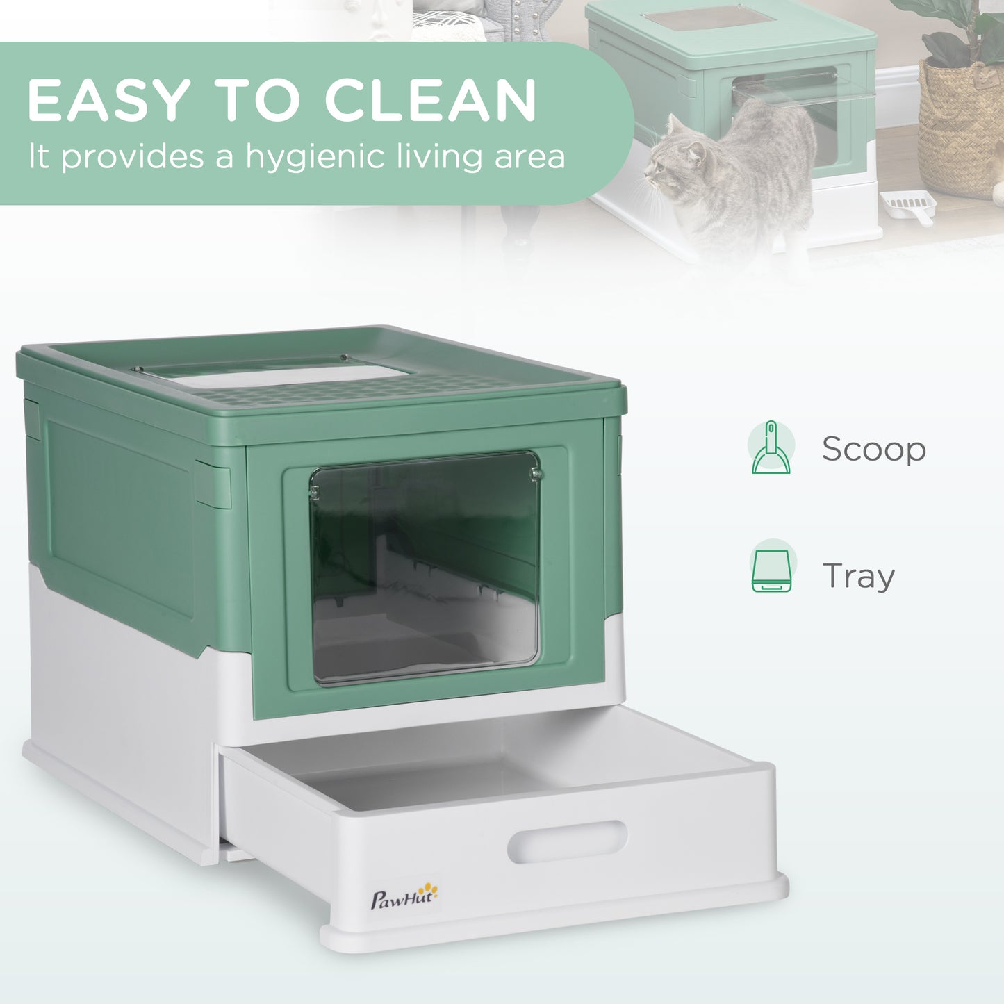 Top Entry Enclosed Kitty Litter Box with Scoop, Tray, Front Entry, Large Space, Foldable, Portable, Green Cat Litter Box Enclosures   at Gallery Canada