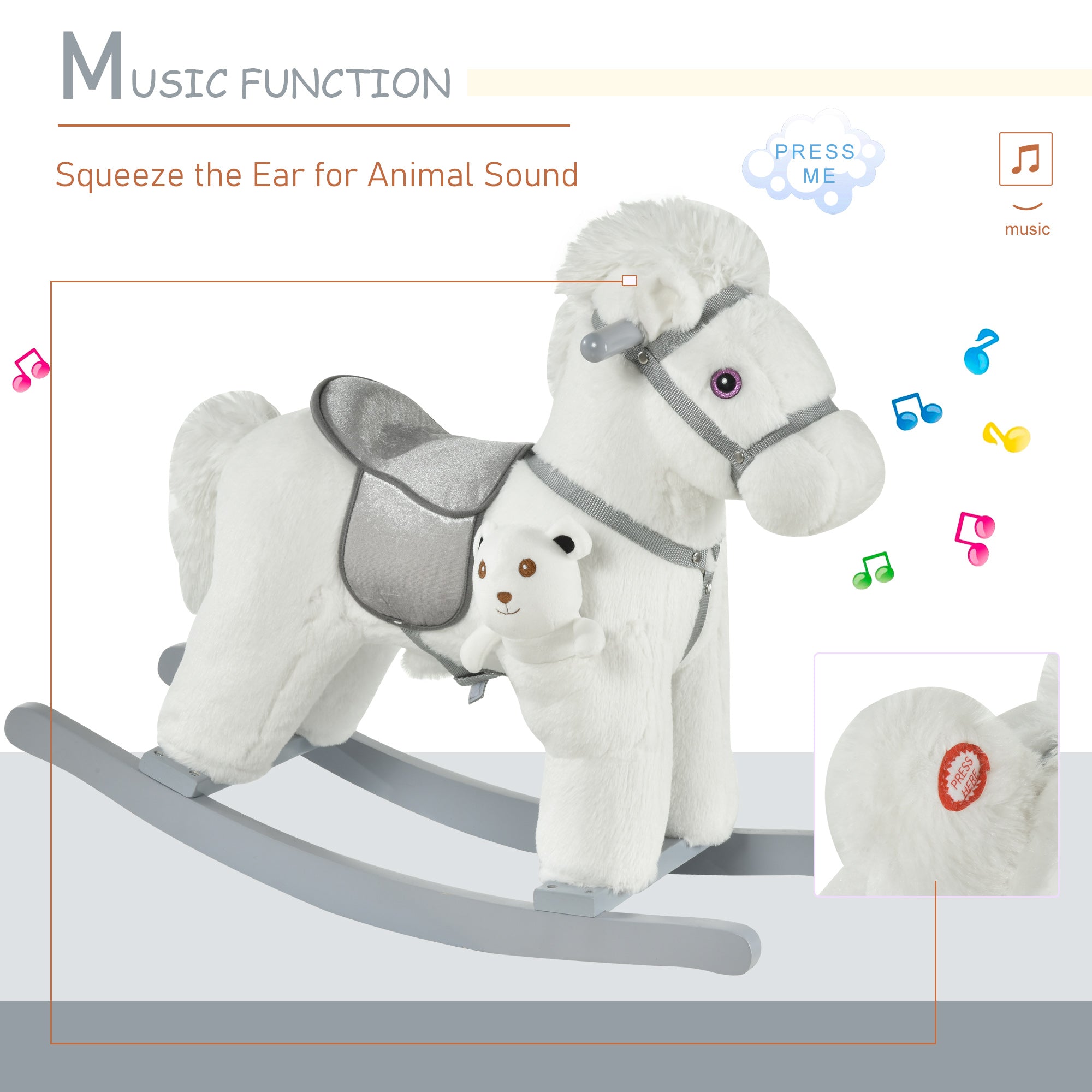 Kids Plush Ride-On Rocking Horse with Bear Toy, Children Chair with Soft Plush Toy &; Fun Realistic Sounds, White Rocking Horses at Gallery Canada
