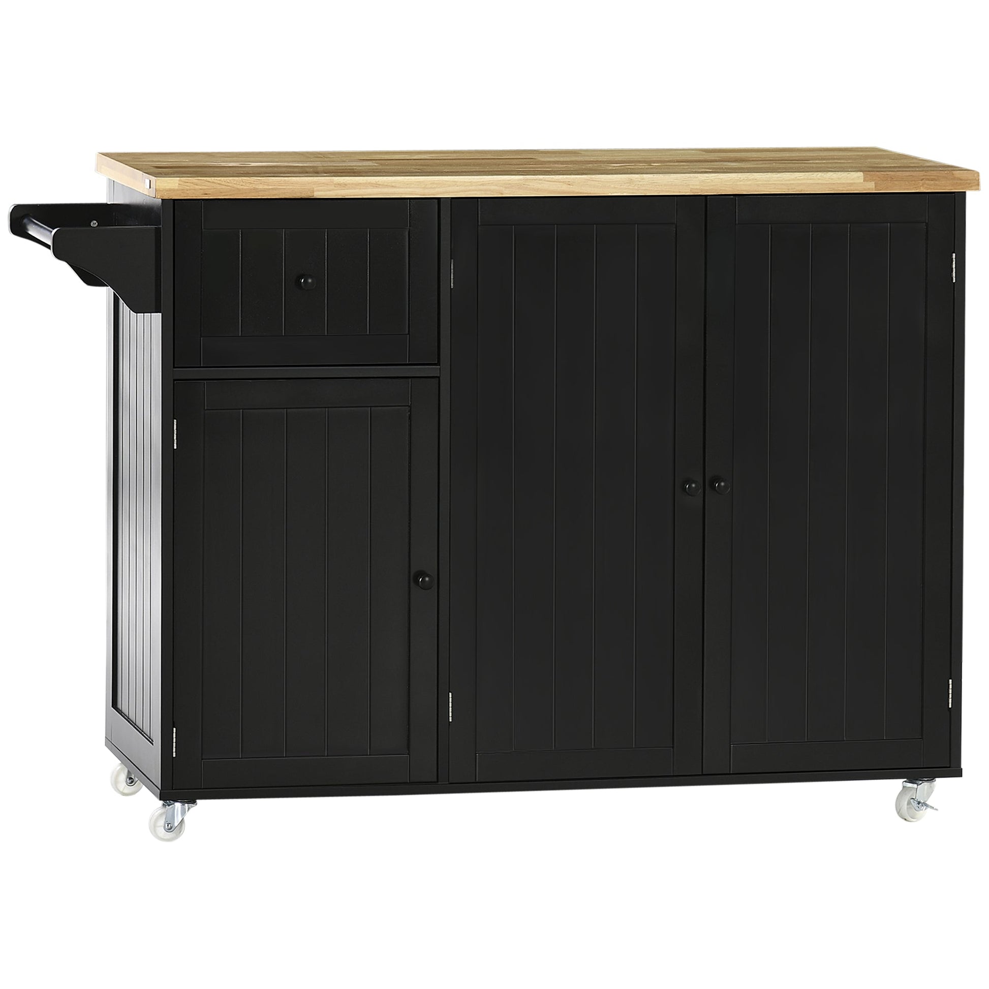 Rolling Kitchen Island on Wheels, Utility Serving Cart with Rubber Wood Top, Towel Rack, Storage Cabinets and Drawer, Black Kitchen Islands & Kitchen Carts Black  at Gallery Canada